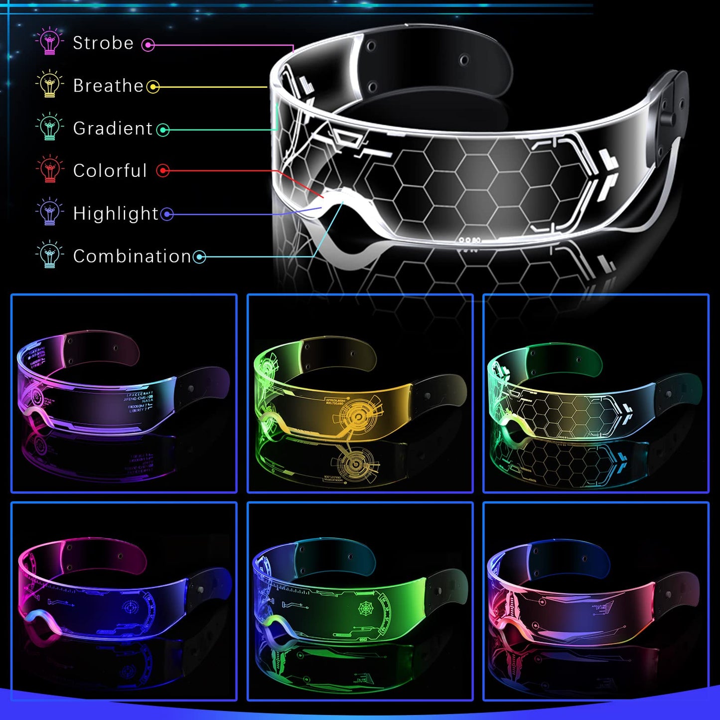 HyDren 12 Pairs LED Visor Glasses Light up Glasses Futuristic Glasses 6 Modes Honeycomb Neon Luminous Glasses Men Women Adults Rave Cosplay Bar Mardi Gras Party 6 Styles