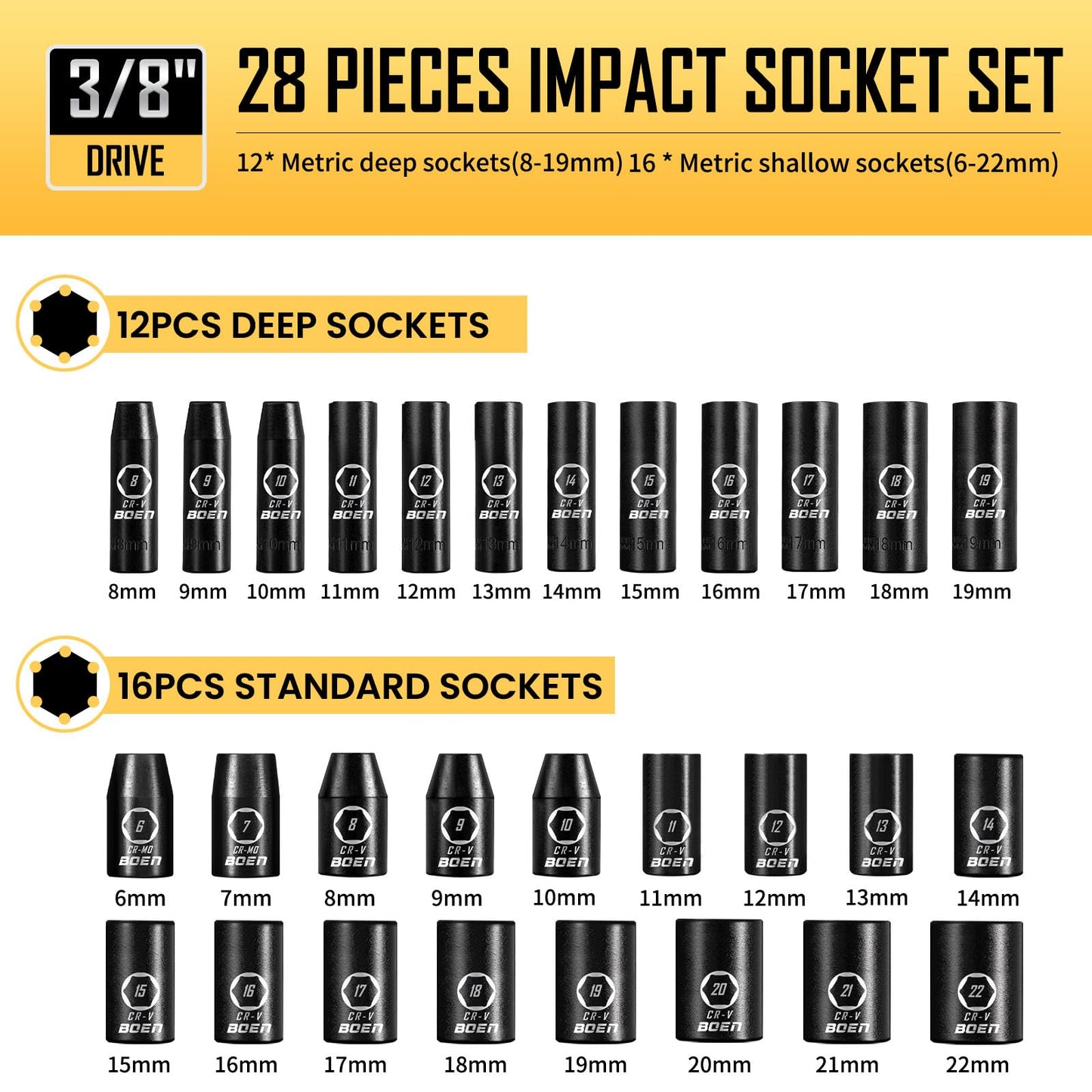 BOEN 3/8" Drive Impact Socket Set, 59-Piece Standard SAE (5/16 to 3/4 inch) and Metric (6-22mm), Include 9-Piece E-Torx Socket Set (E5-E16) 丨Ratchet Handle, Extension Bar, Universal Joint, Adapter