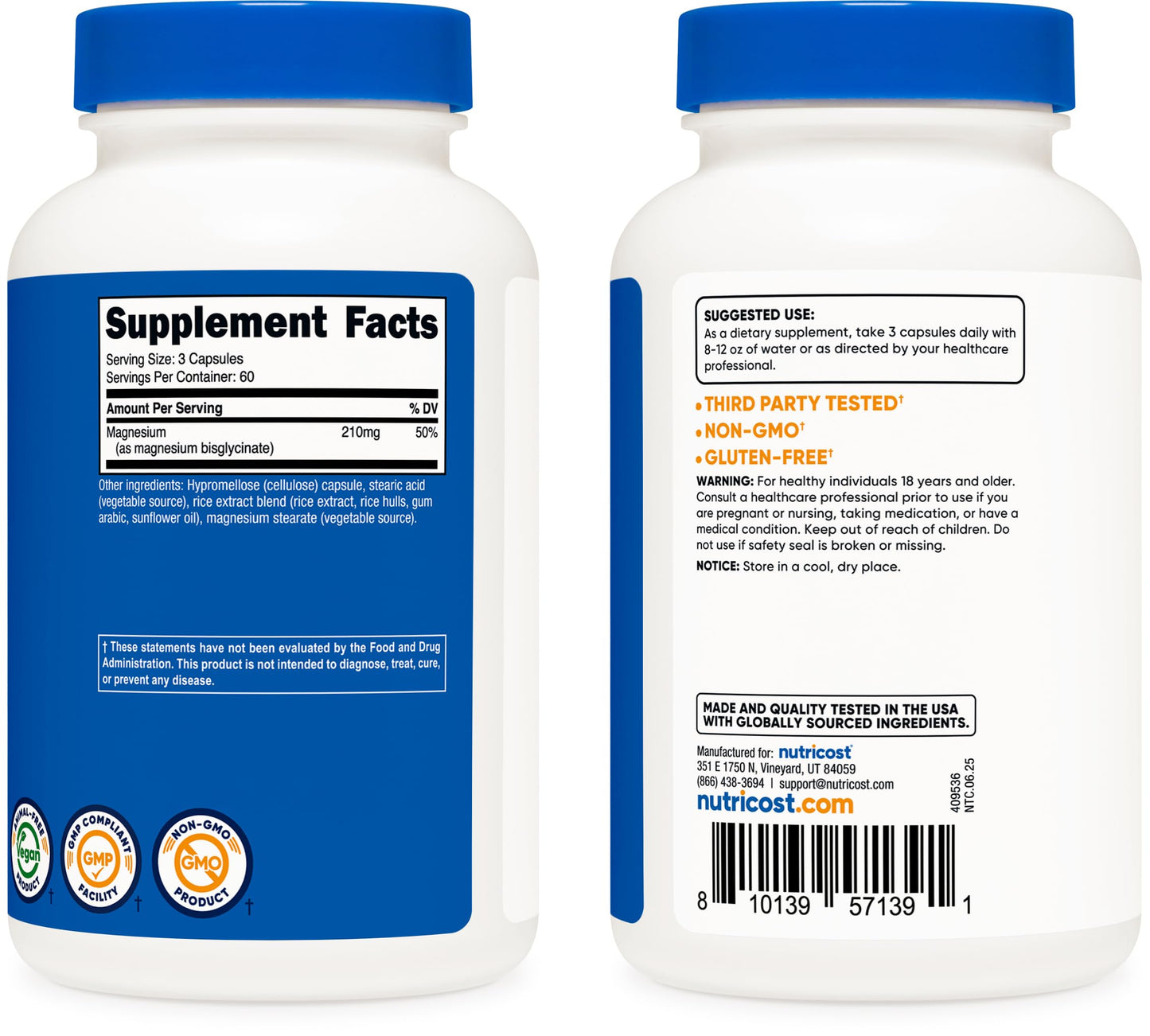 Nutricost Magnesium Glycinate Capsules (180 Capsules, 210 mg Per Serving) - Magnesium Glycinate Supplement for Gentle Absorption