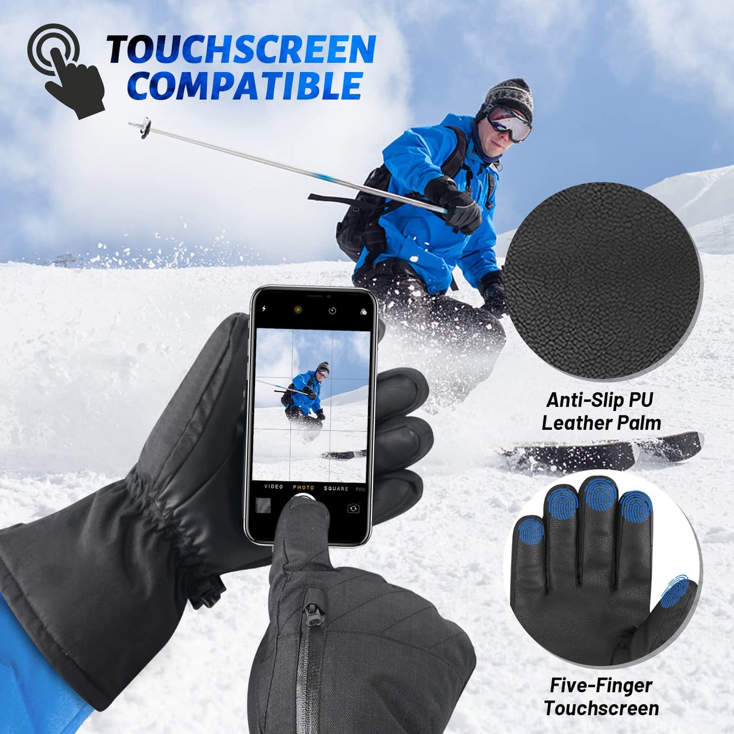 Ski Gloves Waterproof Touchscreen for Men Women Winter Snow Snowboard Gloves Warm Thermal 3M Thinsulate Insulated Black Snowmobile Gloves with Pocket for Extreme Cold Weather Outdoor Windproof Medium
