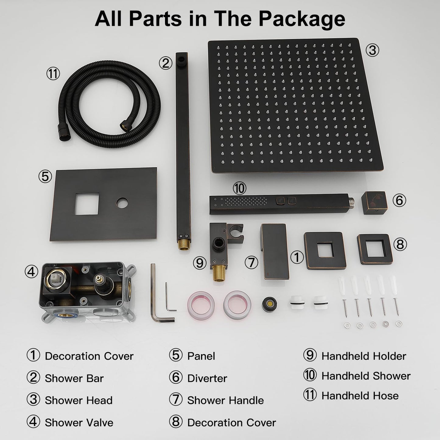 RUMOSE Oil Rubbed Bronze Rainfall Shower System 12 Inch High Pressure Square Shower Head with 2 in 1 Handheld Spray Wall Mount Brass Bathroom Shower Faucet Set with cUPC Certified Rough-in Valve