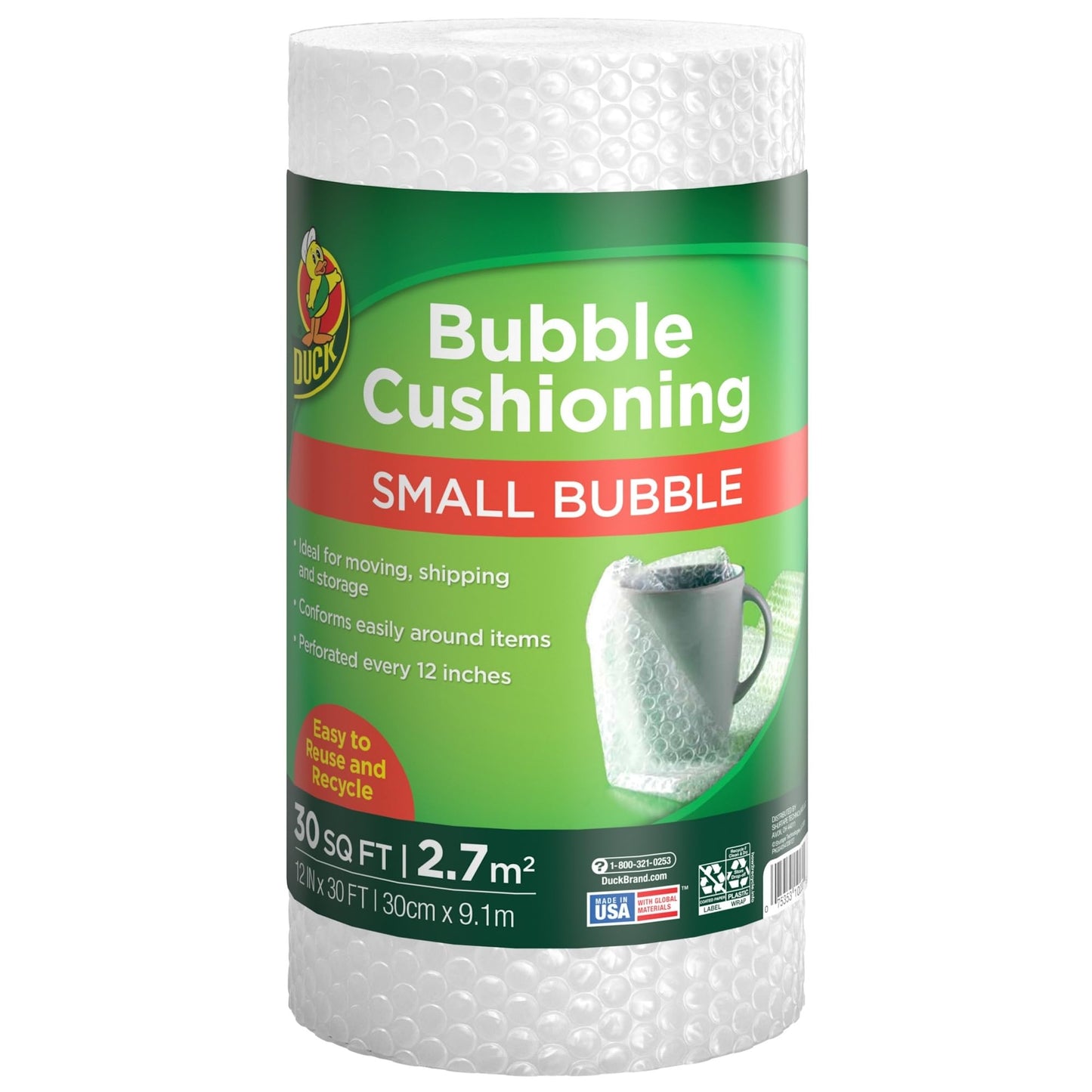 Duck Brand Small Bubble Cushioning Wrap for Moving & Shipping - 30 FT Bubble Packing Wrap for Extra Protection Packaging Boxes & Mailers - Clear Bubble Roll Moving Supplies, Perforated Every 12 IN