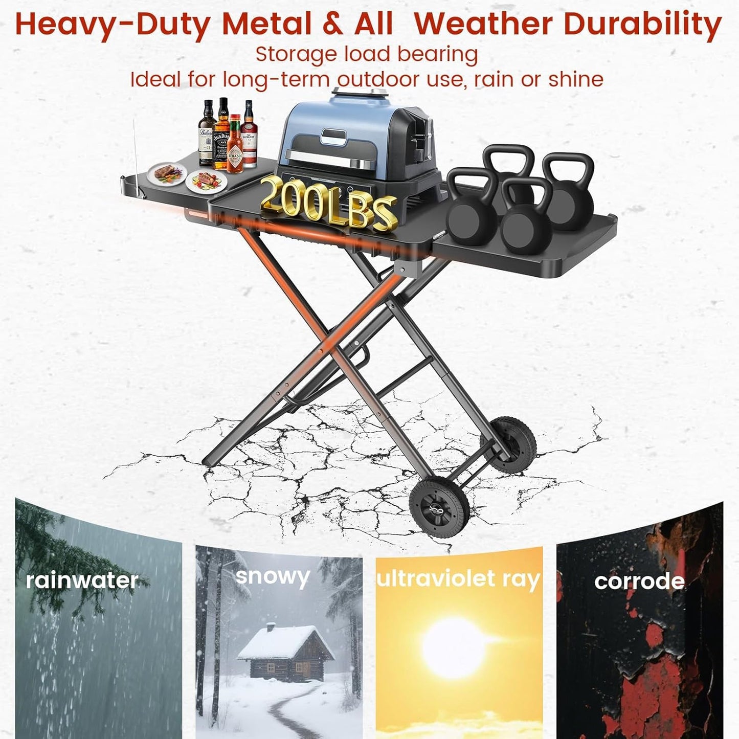 Outdoor Portable Grill Table Cart for Ninja Woodfire- OG701 OG850 OG951, 51in Large Foldable Grill Stand for Ninja Blackstone, Weber, with Paper Towel Holder and J-hooks