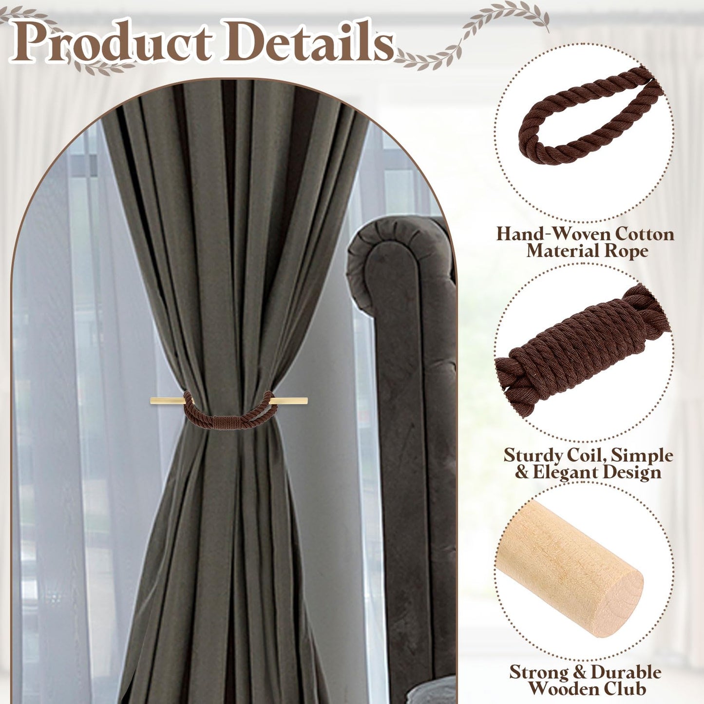 uxcell 4 Pack Curtain Tiebacks, Cotton Rope Curtain Drapes Holdbacks Hand-Woven Decorative Farmhouse Tie Backs with Wood Club for Home Office Decor, Dark Brown
