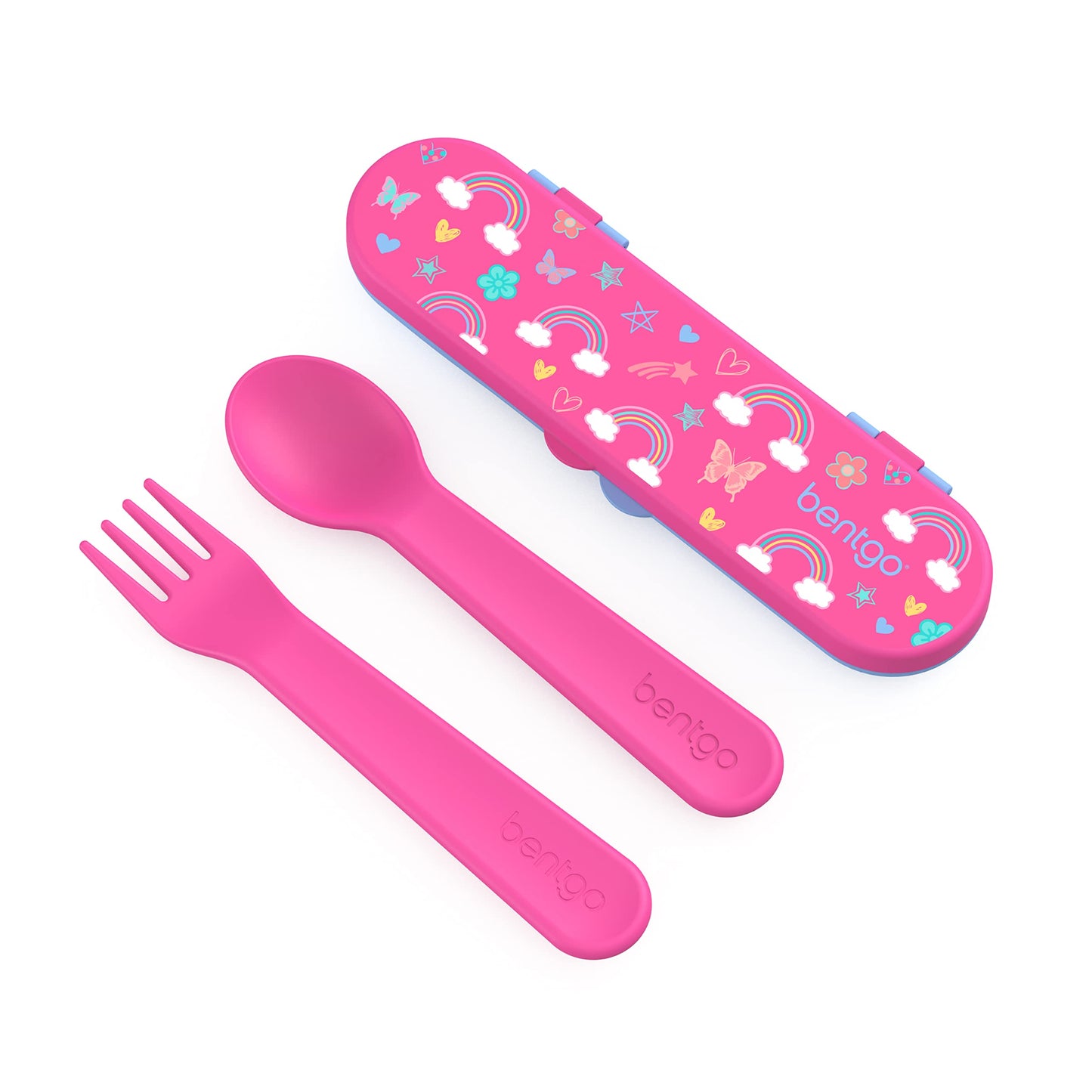 Bentgo Kids Utensil Set - Reusable Plastic Fork, Spoon & Storage Case BPA-Free Materials, Easy-Grip Handles, Dishwasher Safe Ideal for School Lunch, Travel, Outdoors (Rainbows and Butterflies)
