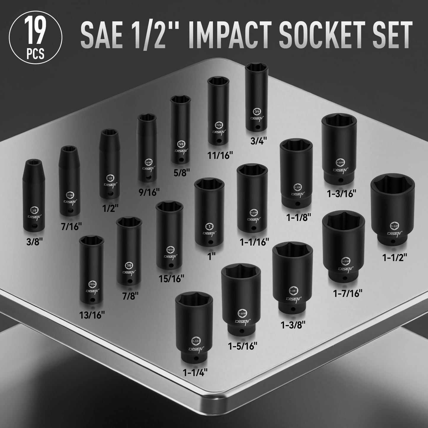 DISEN 19Pcs 1/2" SAE Impact Socket Set, Deep Sockets 3/8"- 1-1/2", 6-Point Cr-V & Alloy Steel, 1/2 Inches Drive Impact Socket Set,Rugged Construction, Enhanced Storage Case