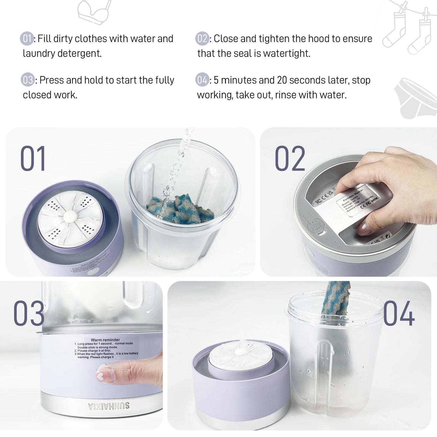 Underwear Washing Machine, Portable Mini Washing Machine | Compact Deep Cleans Underwear, Baby Clothes, Small Laundry | Lightweight for Apartment, Dorm, Hotel, Travel & Camping（Purple）