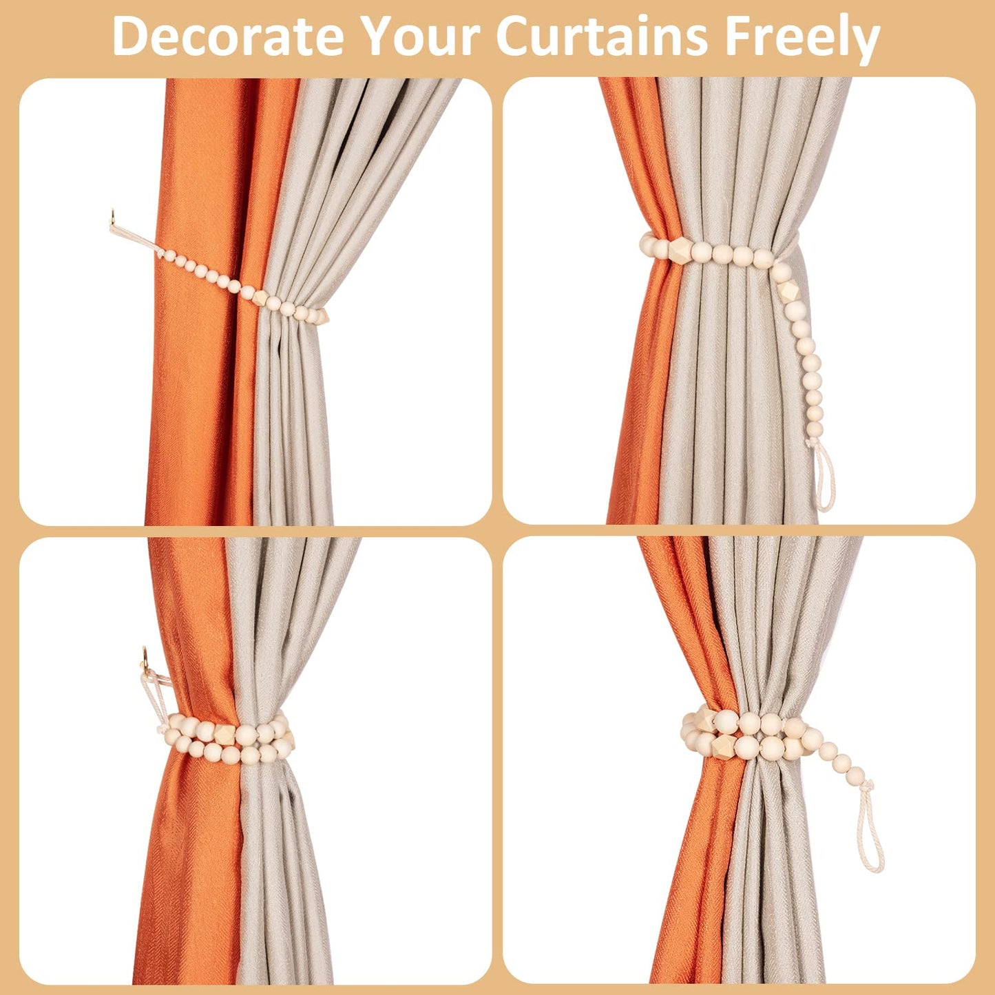 Wood Bead Curtain Tiebacks, KLOGTSIND Set of 2 Curtain Holdbacks for Thin or Thick Window Draperies, Boho Farmhouse Curtain Tiebacks with Hooks, Curtain Tie Backs for Home Office Room Decor