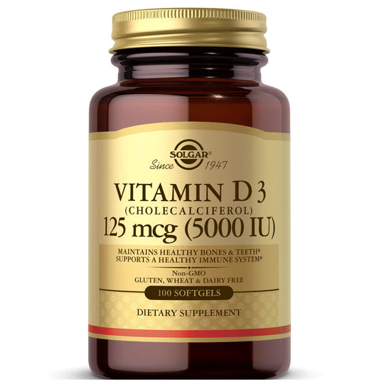 Solgar Vitamin D3 (Cholecalciferol) 125 MCG (5000 IU), 100 Softgels - Helps Maintain Healthy Bones & Teeth - Immune System Support - Non GMO, Gluten-Free, Dairy Free - 100 Servings