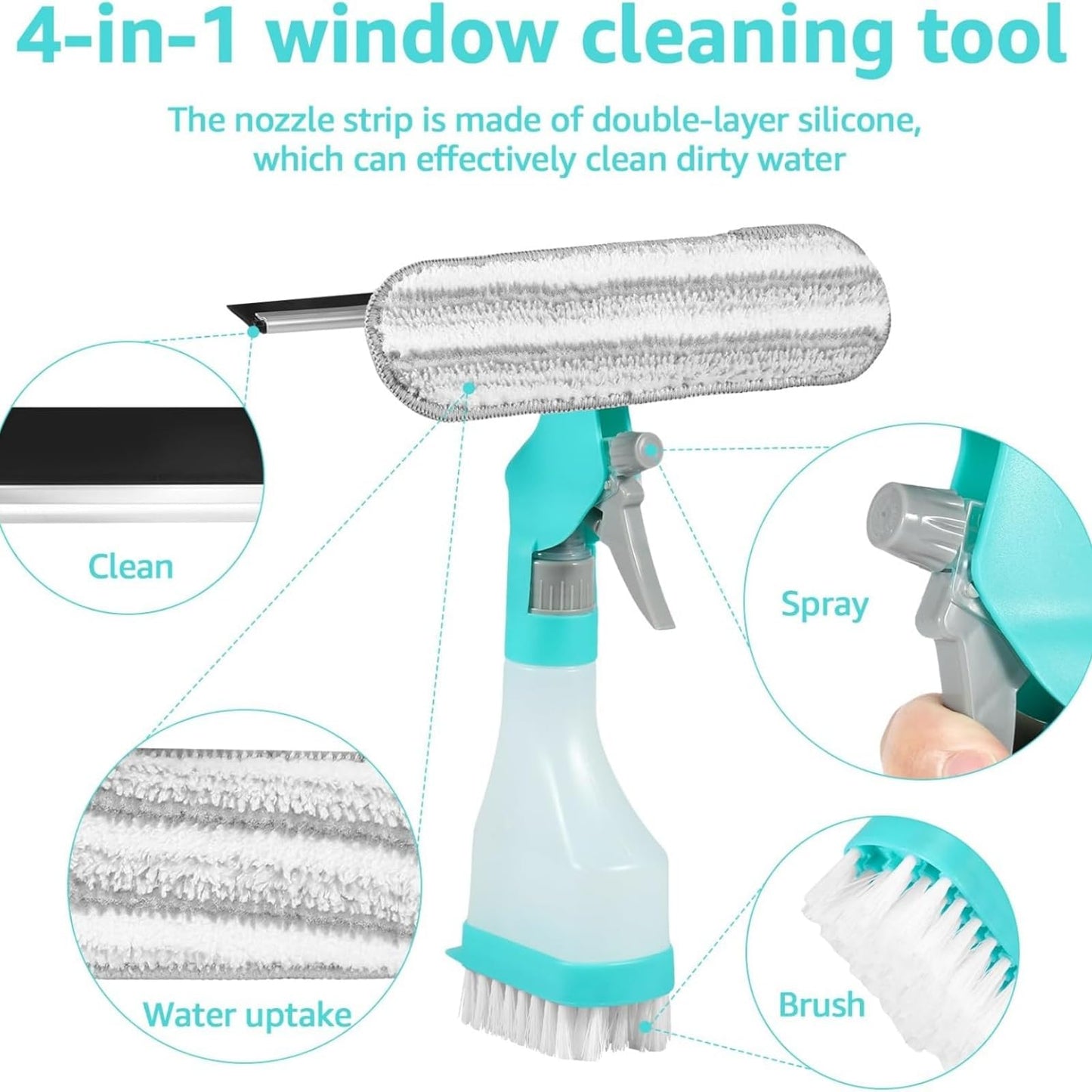 4 in 1 Glass Cleaner Scraper, Reusable Magnetic Double-Sided Window Cleaning Tool with Wiper, Detachable Spray Bottle, Extendable Handle, Streak Squeegee for Home High-Rise Use (2Pc)