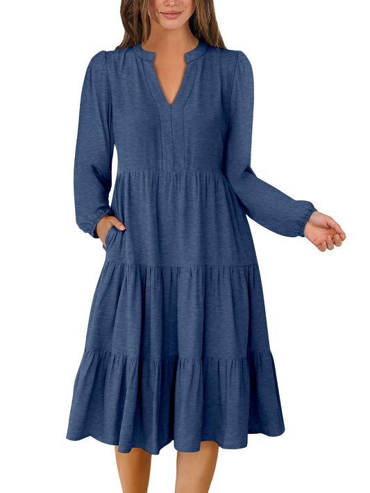 ANRABESS Long Sleeve Midi Dresses for Women V Neck 2025 Fall Fashion Casual Loose Fit Flowy Swing Tiered Vacation Boho Dress Blue Small