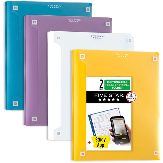 Five Star 2-Pocket Folder + Study App, 4 Pack, Plastic Folder with Prong Fasteners and Customizable Clear Cover, Holds 8-1/2" x 11" Paper, White, Purple, Yellow, Blue (340220B-ECM)