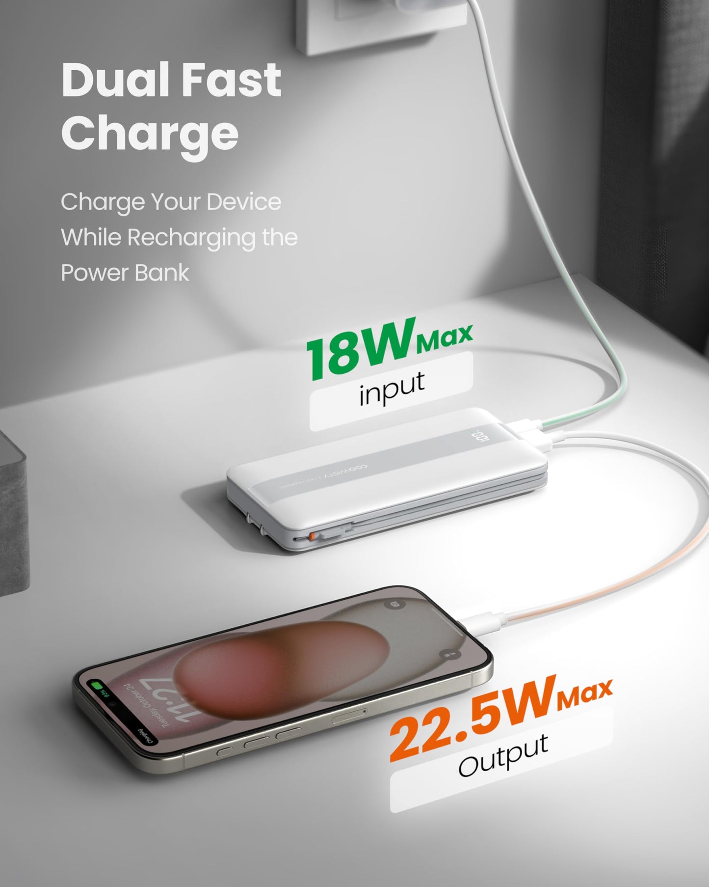 Portable Charger with Foldable AC Wall Plug, Slim 10500mAh 22.5W Fast Charging Power Bank Built-in Cables, 4 Outputs 3 Inputs LED Display External Battery Pack Compatible with iPhone/Android (White)