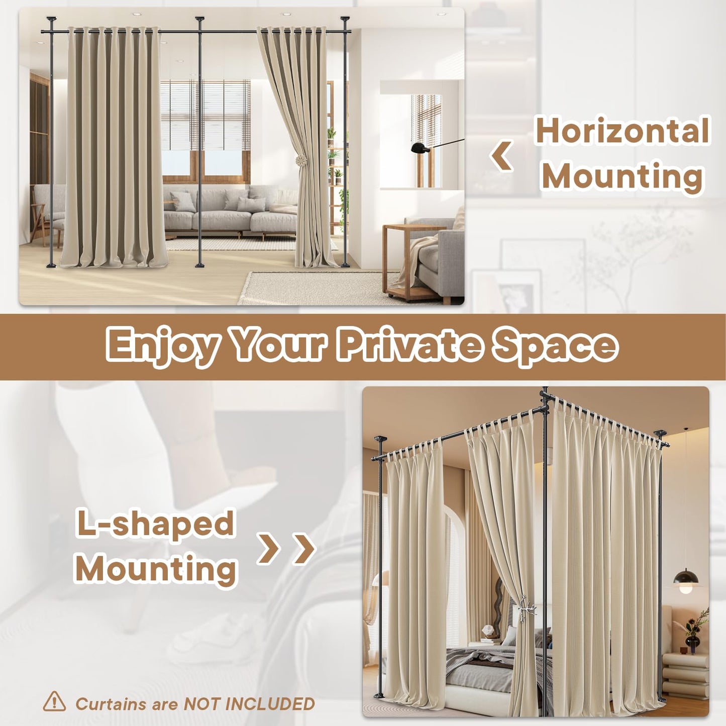 Bonpally Room Divider Curtain Rod, No Drilling Tension Rod for Room Separation, 4-10ft(H)28-114inch(W) Adjustable Heavy Duty Floor to Ceiling Wall Divider Room Partition Privacy Separator, Black