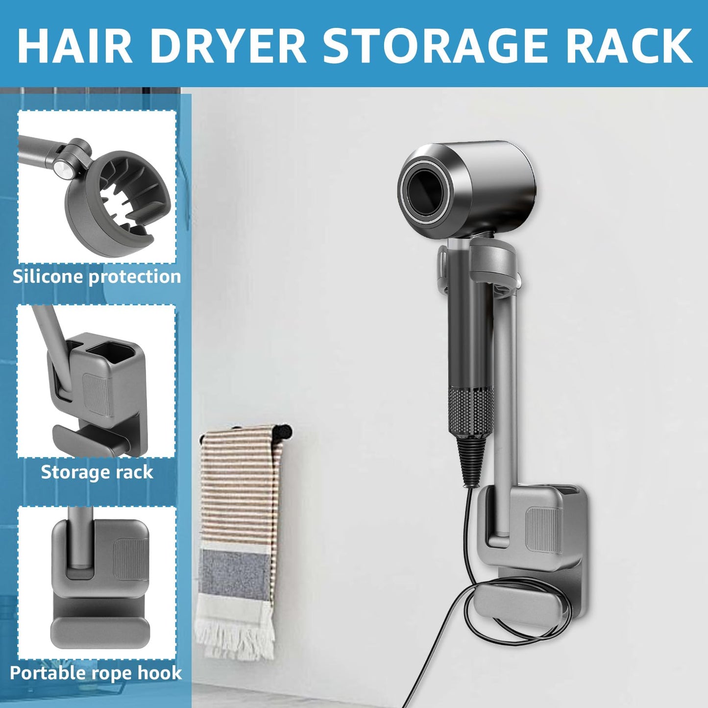 bigjvbfv Wall Mounted Hair Dryer Holder Blower Dryer Storage Rack Adjustable Hook Rack Space Saving Multipurpose Organizer Drill for Bathroom Curling Iron Hair Straightener