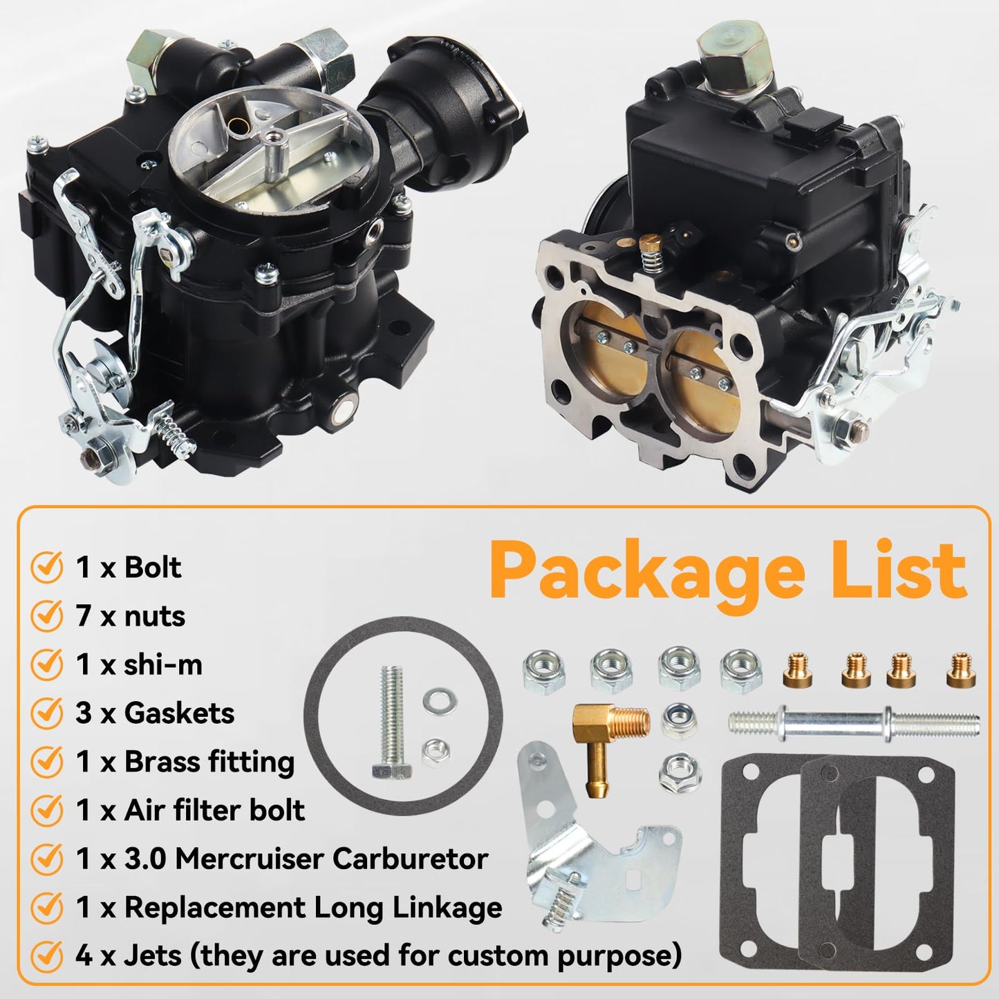 Marine Carburetor for Mercruiser Carburetor 3.0L 2.5L 2 Barrel Carb 4CYL Engine 3310-8M0045397 864940A01 Black Mercarb, w/Electric Choke Jet Long Linkage Gasket, Base Bolt Pattern is 3 3/4 X 2 inches