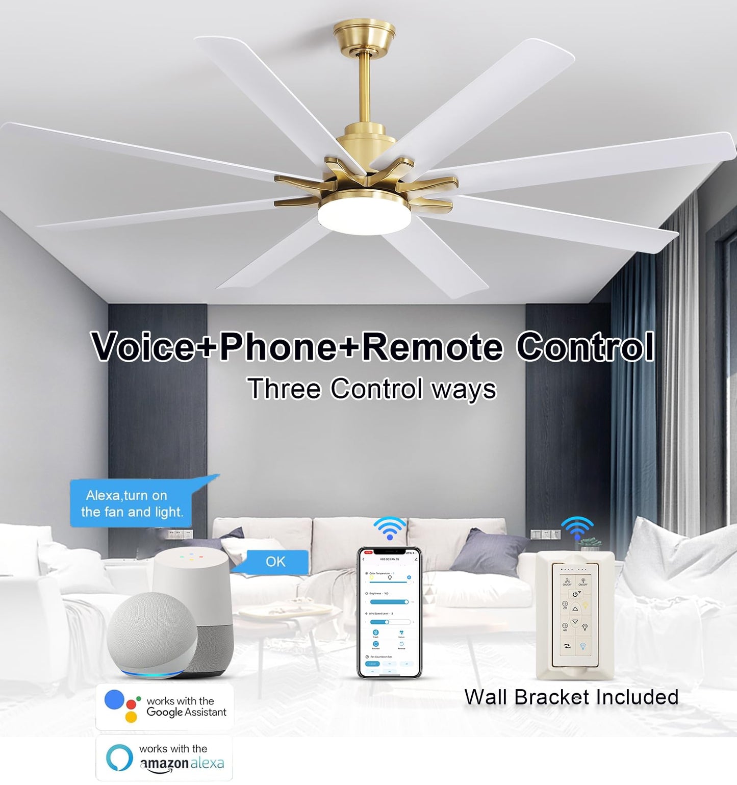 Sofucor 66 Inch Smart Ceiling Fans with Lights, Indoor/Outdoor Ceiling Fan with Light and Remote, Work with Alexa/Google, Reversible DC Motor, White Ceiling Fan Light for Living Room Farmhouse Patio