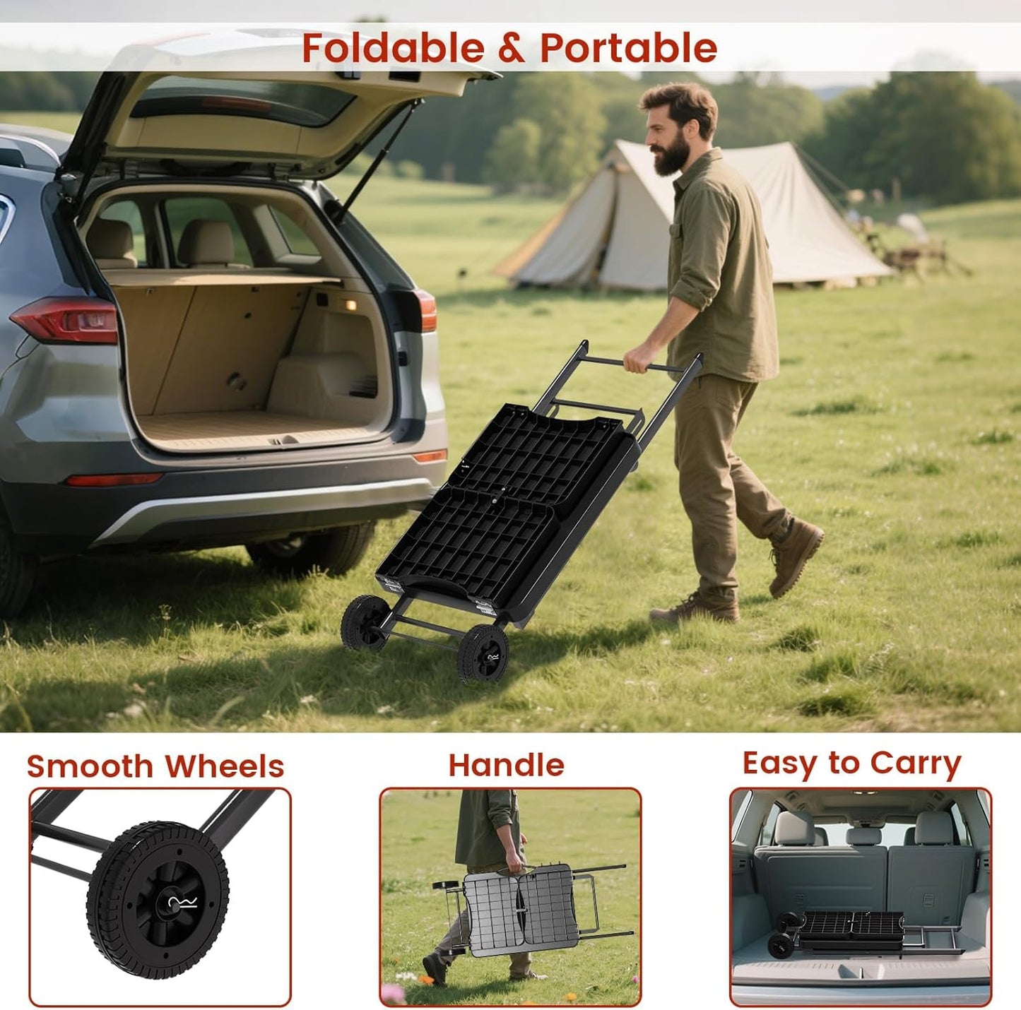 Outdoor Portable Grill Table Cart for Ninja Woodfire- OG701 OG850 OG951, 51in Large Foldable Grill Stand for Ninja Blackstone, Weber, with Paper Towel Holder and J-hooks