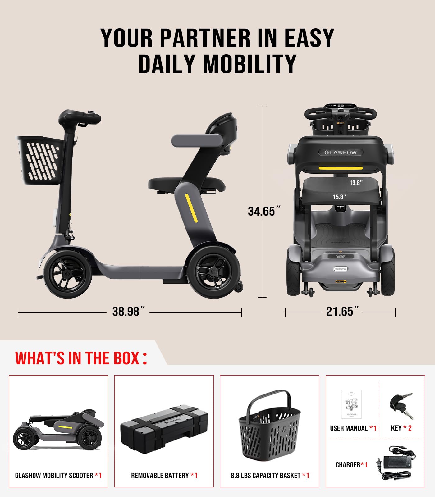 S3 Powered Mobility Scooter - 25 Miles Range, 6mph, 265lbs Loading, Lightweight Mobility Scooter for Seniors, Adults, Folding Motor Scooter with 4 Wheels for Outdoor Travel