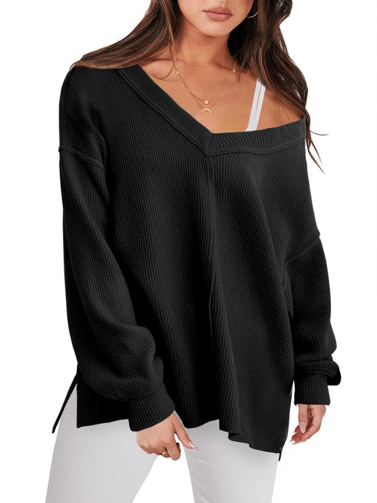 ANRABESS Oversized Long Sleeve Shirts for Women Off the Shoulder Sweatshirt Loose V Neck Tunic Tops High Low Sweater 2025 Black Medium