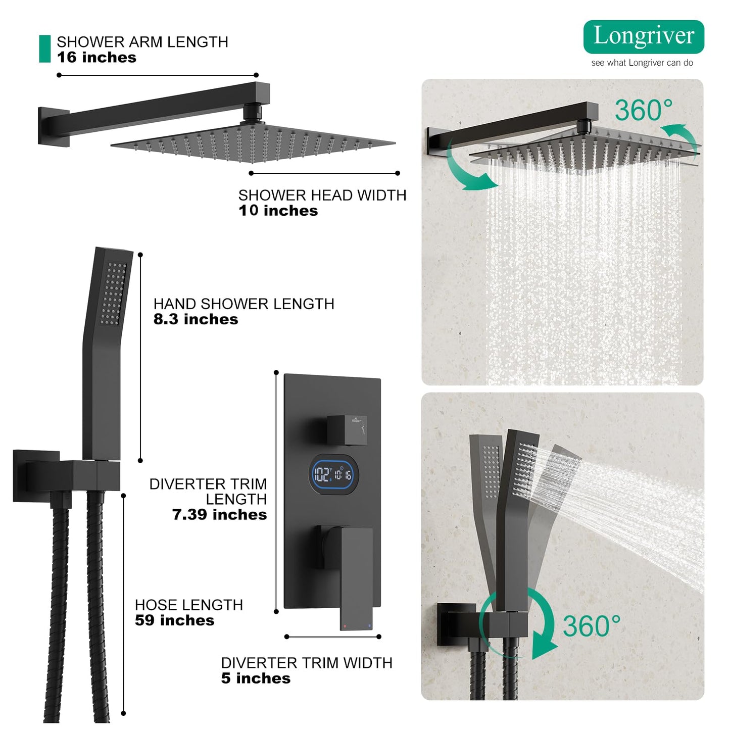 Shower Faucet Set with Hydro Power Temperature Display, Shower System Bathroom 10 Inches Shower Head with Handheld Spray, Wall Mounted Shower Fixtures with Shower Valve and Trim Kit, Matte Black