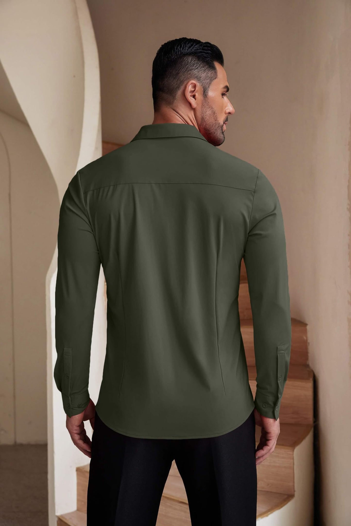 COOFANDY Men's Button Down Shirt Casual Dress Shirts Wrinkle Free Muscle Fitted Shirt Olive Green