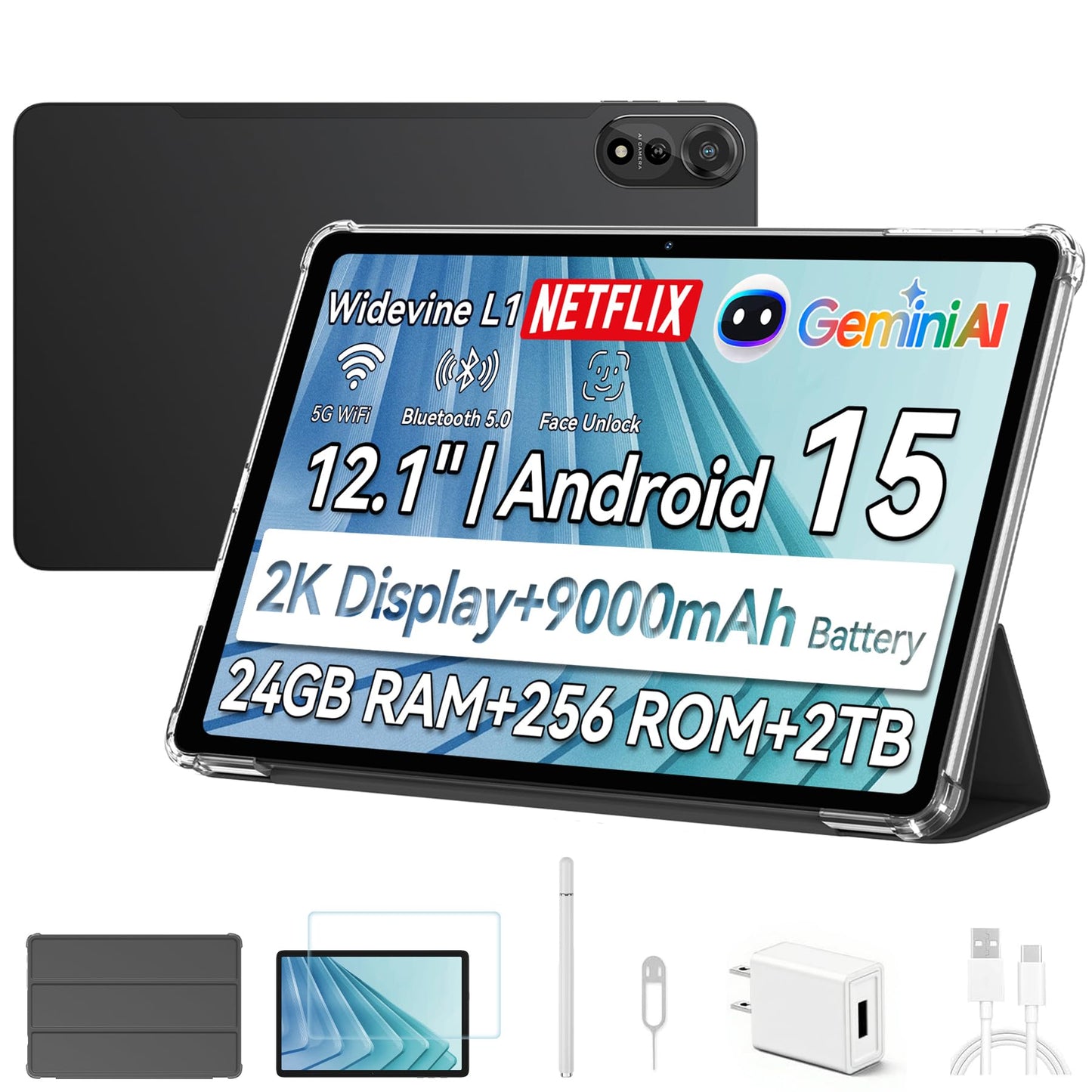 Blackview Android 15 Tablet Mega2 2025, 12 inch Android Tablet with FHD+2K Display, 24GB RAM + 256GB ROM, 9000mAh, Pen &Case, Octa-core Unisoc T615, Widevine L1, Google GMS, Gray