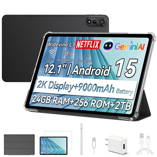 Blackview Android 15 Tablet Mega2 2025, 12 inch Android Tablet with FHD+2K Display, 24GB RAM + 256GB ROM, 9000mAh, Pen &Case, Octa-core Unisoc T615, Widevine L1, Google GMS, Gray