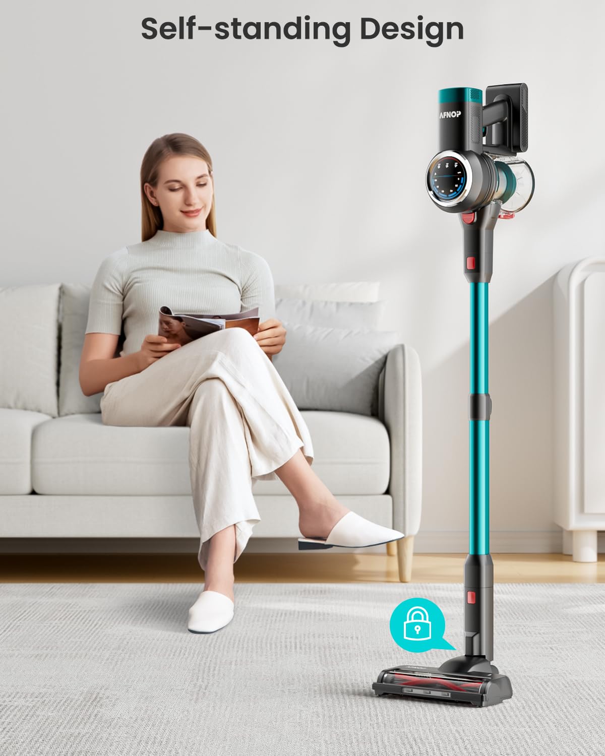 AFNOP Cordless Vacuum Cleaner, 550W/45Kpa/65Mins Vacuum Cleaners for Home, Rechargeable Cordless Vacuum, Lightweight for Carpet/Pet Hair/Hardwood Floor, Self-Standing Stick Vacuum with LED Display