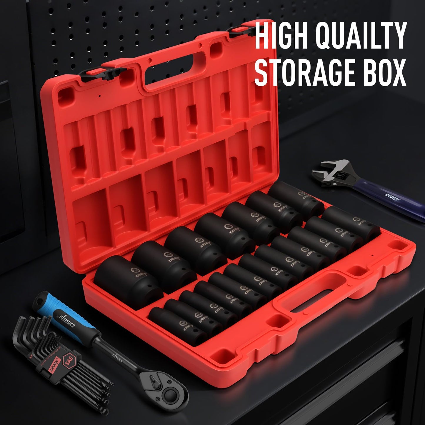 DISEN 19Pcs 1/2" SAE Impact Socket Set, Deep Sockets 3/8"- 1-1/2", 6-Point Cr-V & Alloy Steel, 1/2 Inches Drive Impact Socket Set,Rugged Construction, Enhanced Storage Case