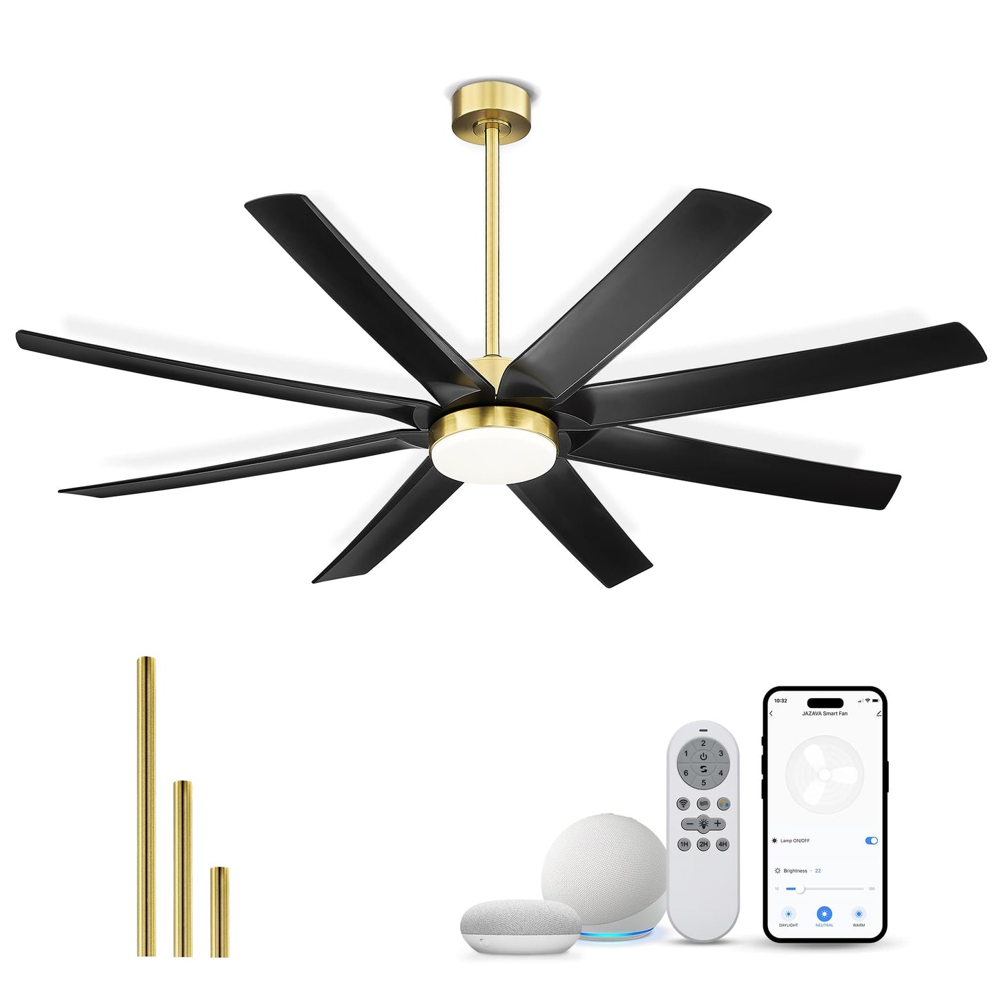 JAZAVA Black and Gold Ceiling Fan, 70 Inch Ceiling Fans with Lights and Remote, 8 ABS Blades, Reversible DC Motor,3CCT Dimmable, Modern Smart Ceiling Fans with Voice Control, CF01-BGB