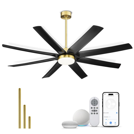 JAZAVA Black and Gold Ceiling Fan, 70 Inch Ceiling Fans with Lights and Remote, 8 ABS Blades, Reversible DC Motor,3CCT Dimmable, Modern Smart Ceiling Fans with Voice Control, CF01-BGB