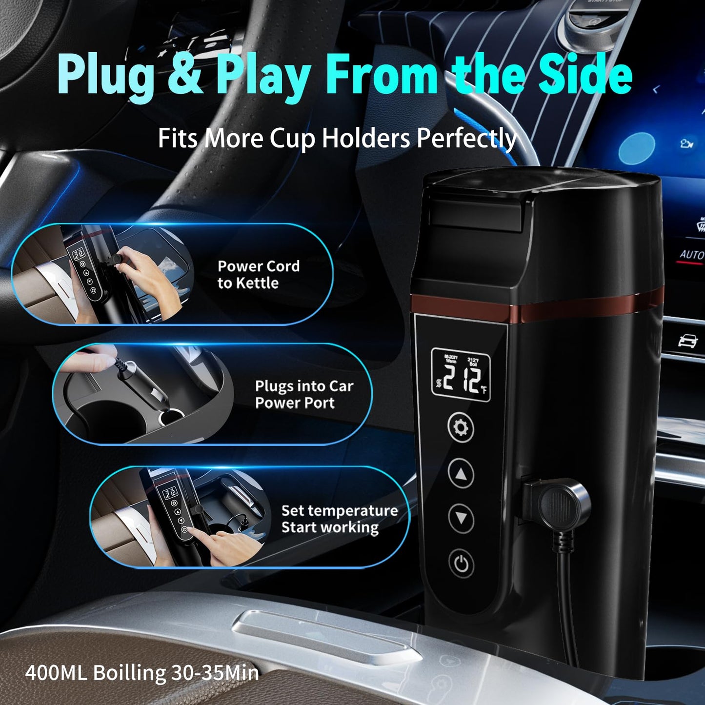 Car Electric Kettle for Travel : FVPE 12V/24V Small Electric Water Kettle, Multi-Temp Control 400 mL Portable Car Water Boiler for Brewing Coffee Tea,LCD Display 304 Stainless Steel Truck Heating Cup