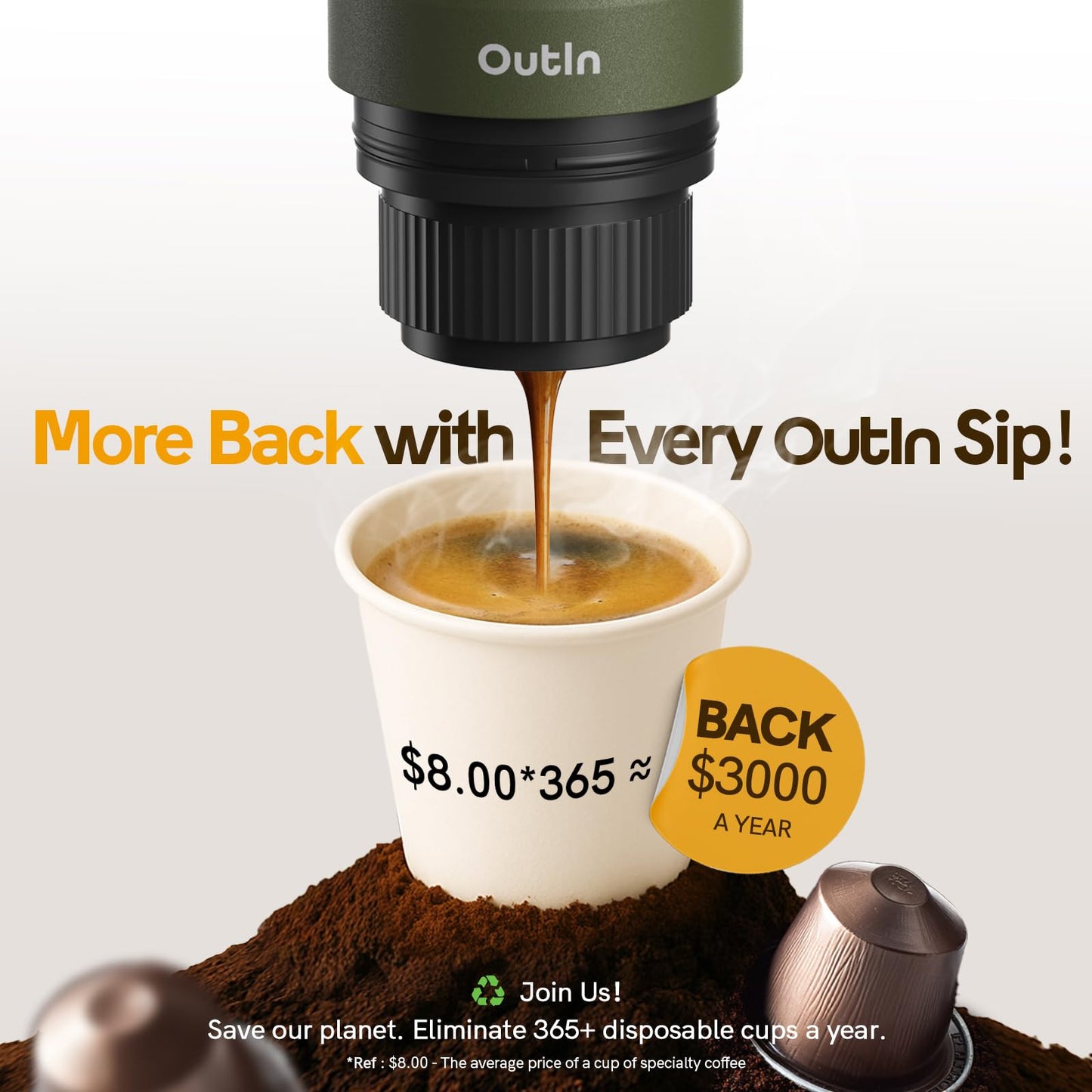 OutIn Nano Portable Electric Espresso Machine, Travel Coffee Maker for Camping, Car Coffee Maker Self-Heating with USB-C, With Ground Coffee & NS Capsule for RV, Hiking, Office