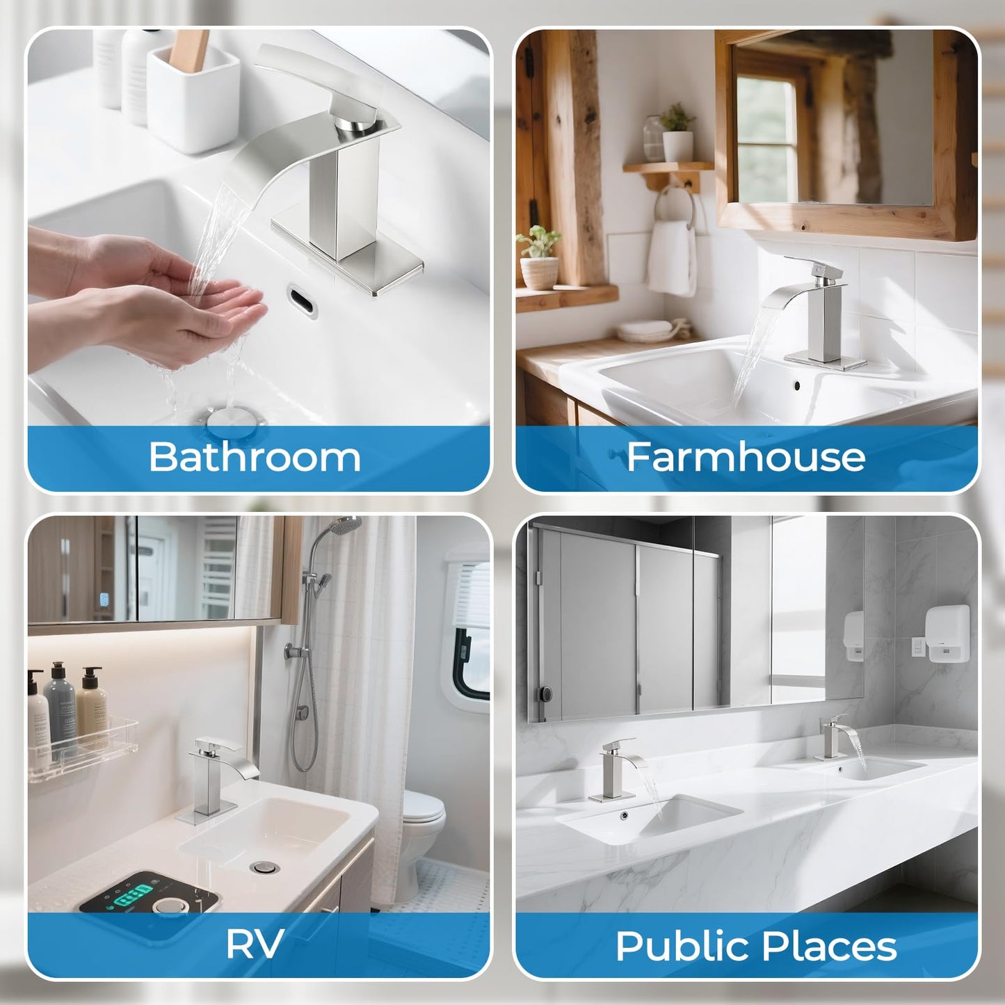 RNDIOZD Brushed Nickel Bathroom Faucets, Waterfall Bathroom Sink Faucet Modern Single Handle Bathroom Faucte 1 or 3 Hole, RV Mixer Tap Vanity Faucet - Includes Pop-up Drain Supply Hoses Deck Plate