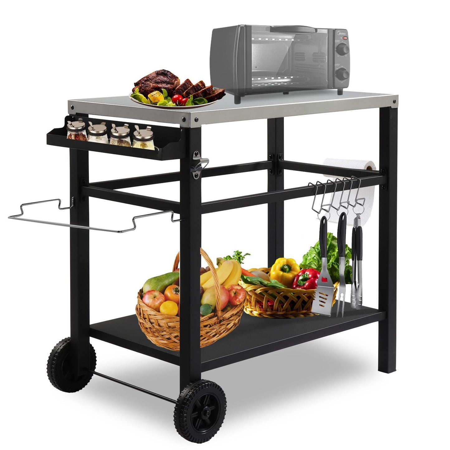 Large Stainless Steel Movable Outdoor BBQ Cart Table, 3 Tier Outdoor Kitchen Prep Table Pizza Oven Stand with Wheels, Suitable for BBQ, Camping