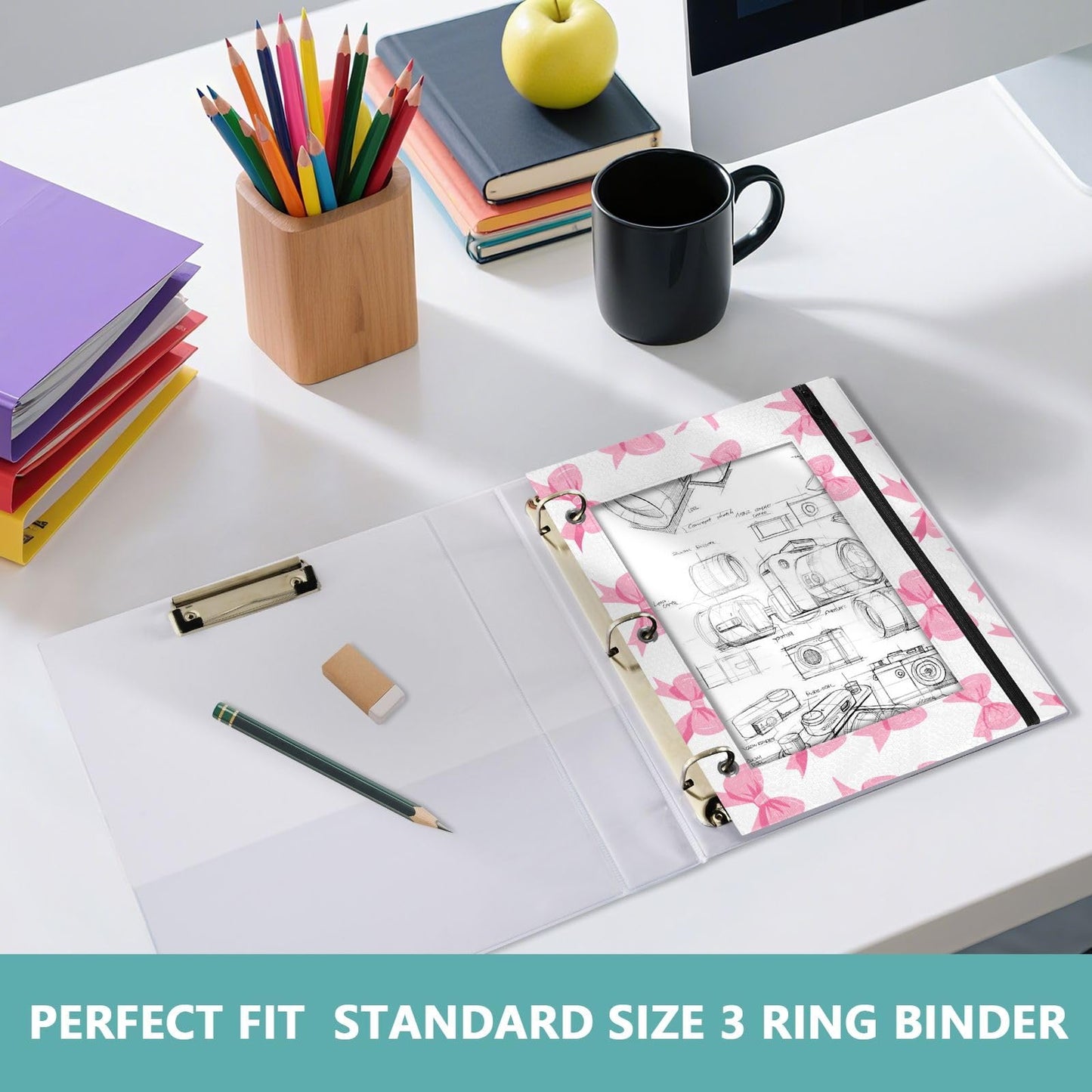 PIMILAGU Pink Bow White Background Pencil Pouch for 3 Ring Binder, Binder Pencil Pouches with Clear Window Zipper Pencil Case Bag for School Office Supplies, 2PCS