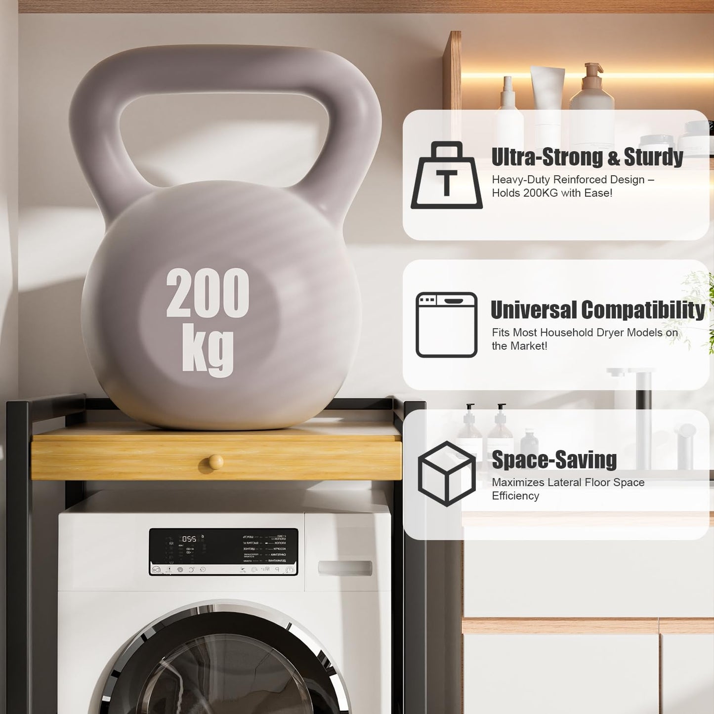 feneihe Laundry Room Shelves, Laundry Shelf with Countertop, Height Adjustable Drying Rack Clothing, Drying Rack Clothing, Space Saving Washing Machine Storage Stand for Bathroom Wooden Color