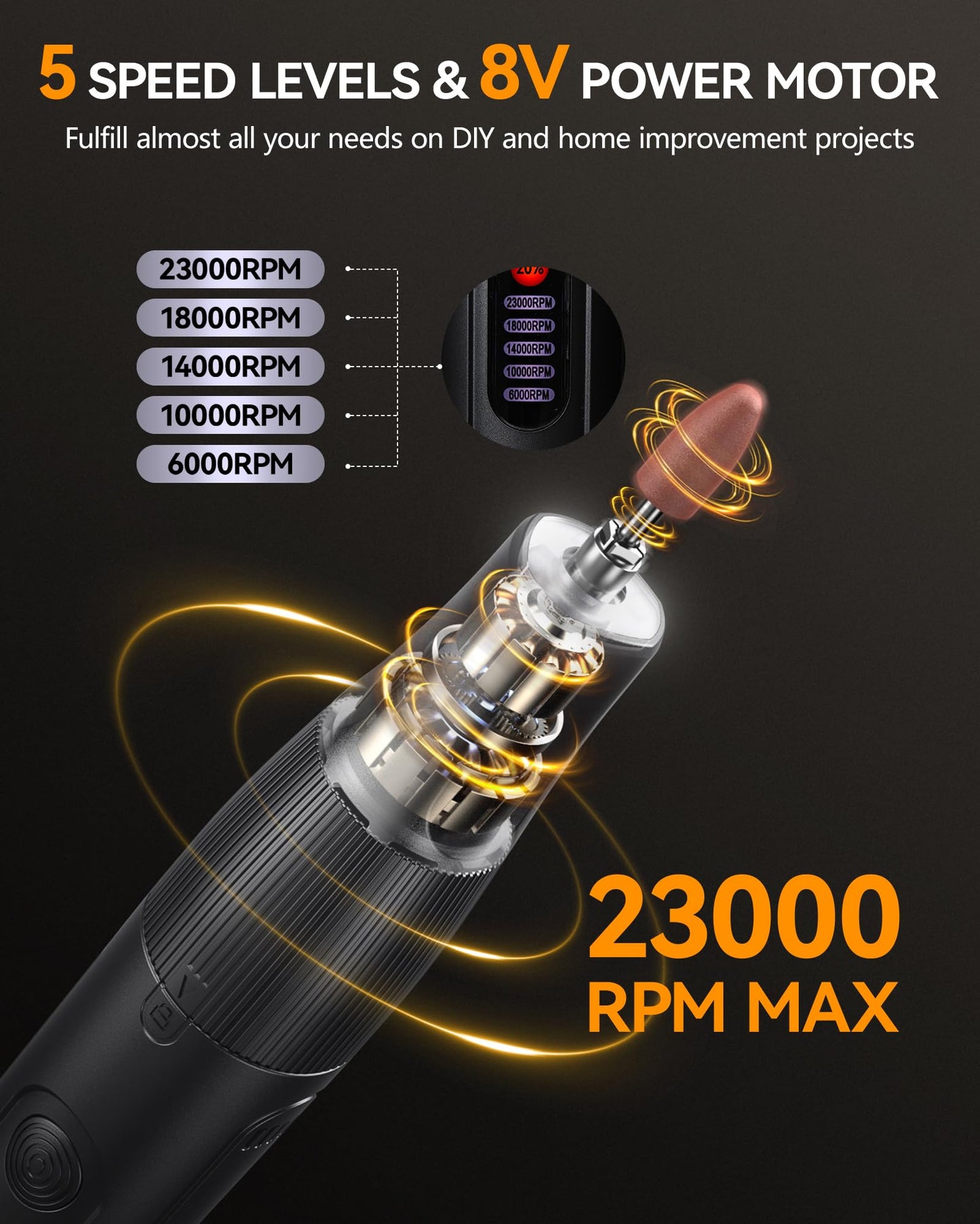 Cordless Rotary Tool, 8V Multi Tool with Auto-Lock Chuck & 5 Speed, 23,000RPM Rechargeable Engraver Kit with 62 Accessories, for Sanding, Polishing, Drilling, Carving, DIY Crafts