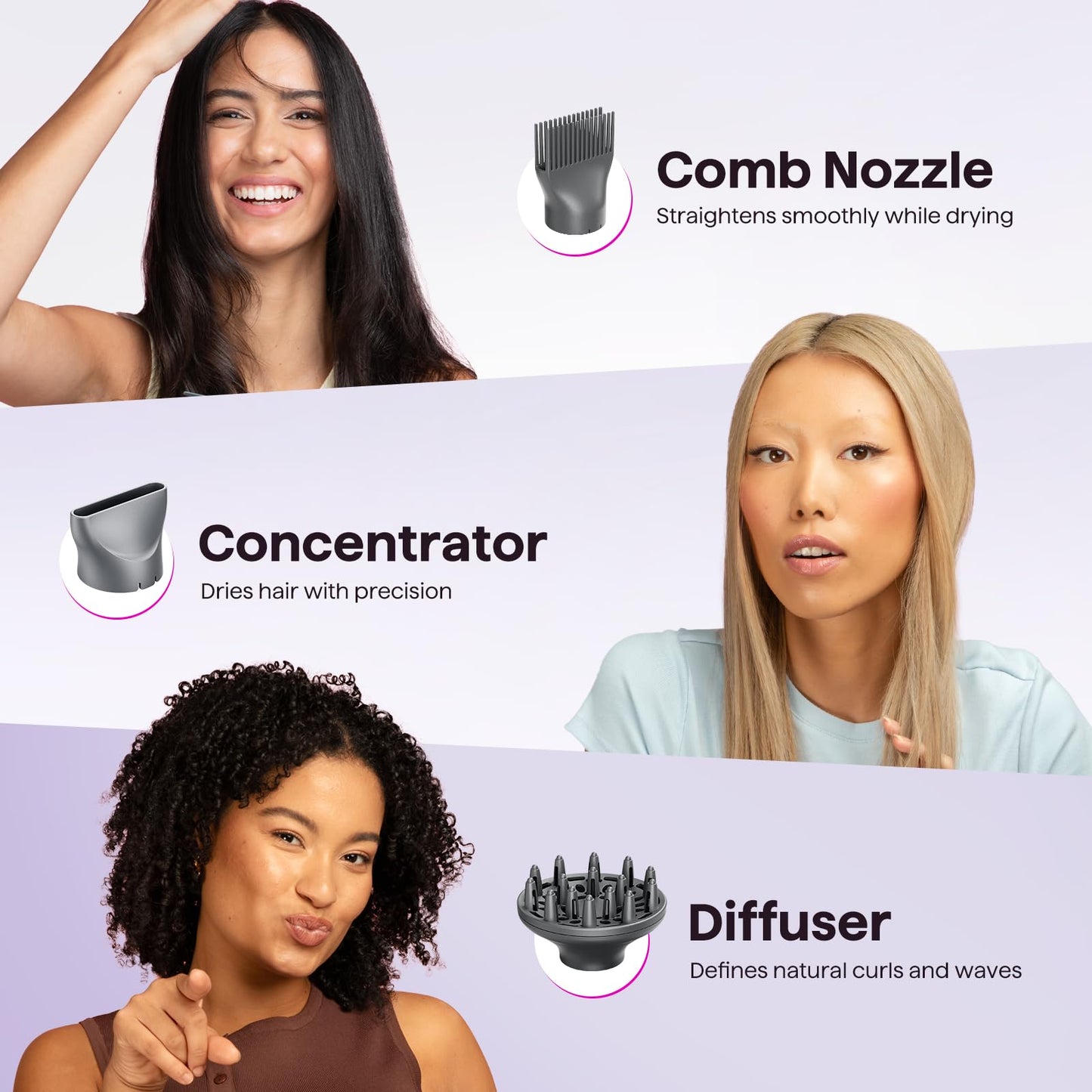 Wavytalk Hair Dryer, Blown Away Ionic Hair Dryer for Curly Hair with Diffuser, 1875W Fast Drying Blow Dryer with Ceramic Technology, 3 Attachments for All Hair Types, Light and Quiet, Rose Gold