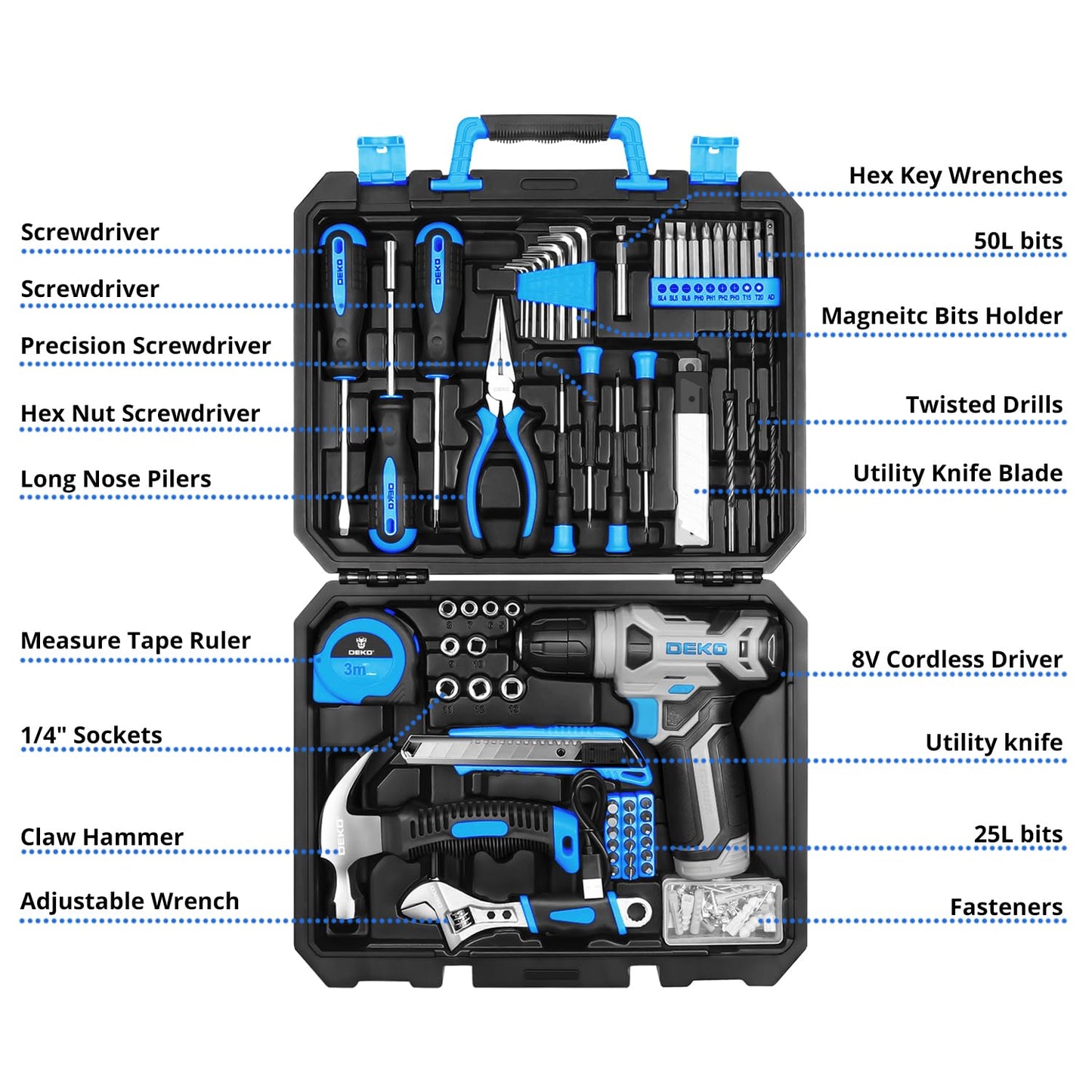 DEKOPRO Drill Set: Tool Set with 8V Blue Cordless Drill, Home Tool Kit with Drill, Hand Tool Kits for Men & Women 126 Piece
