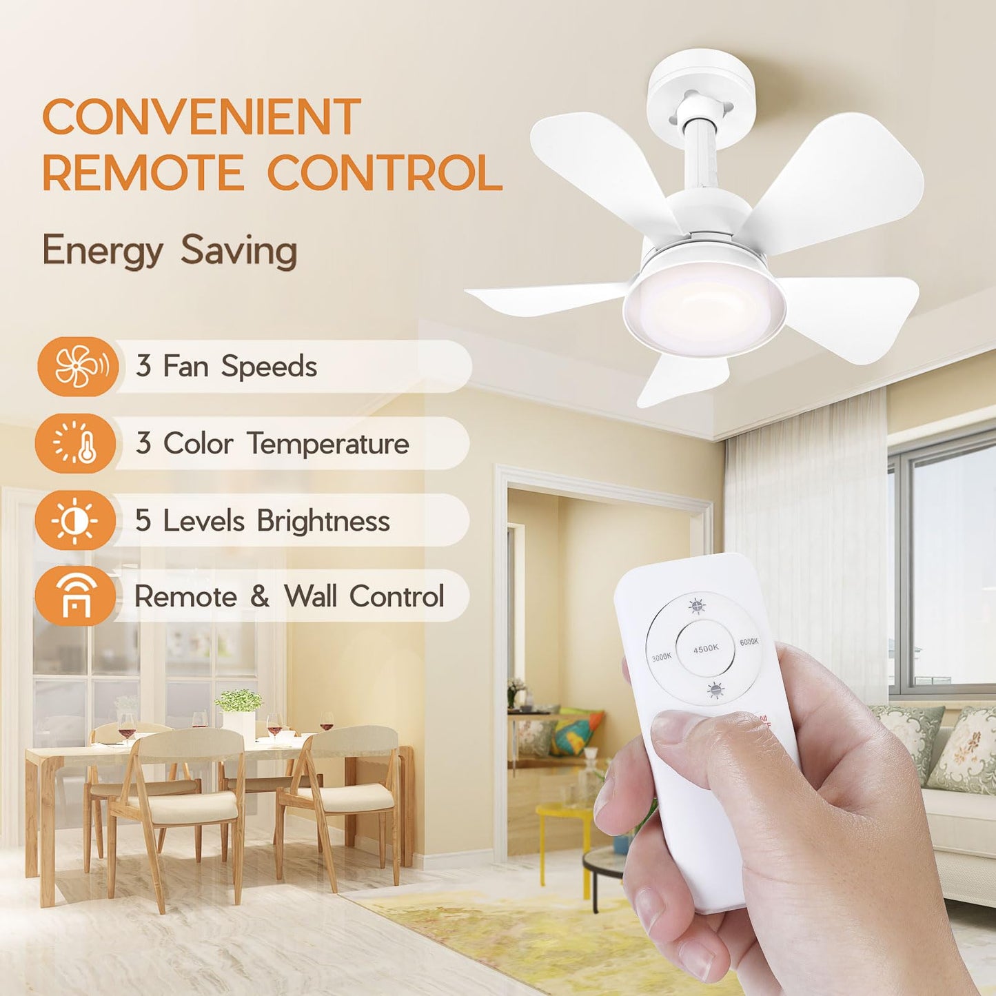 NBKLS Ceiling Fans with Lights and Remote, Quiet Ceiling Fans with 5 Blades, 3 Color LED Dimmable, Low Profile Ceiling Fan with Light for Bedroom, Garage, Kitchen, Living Room, Patio