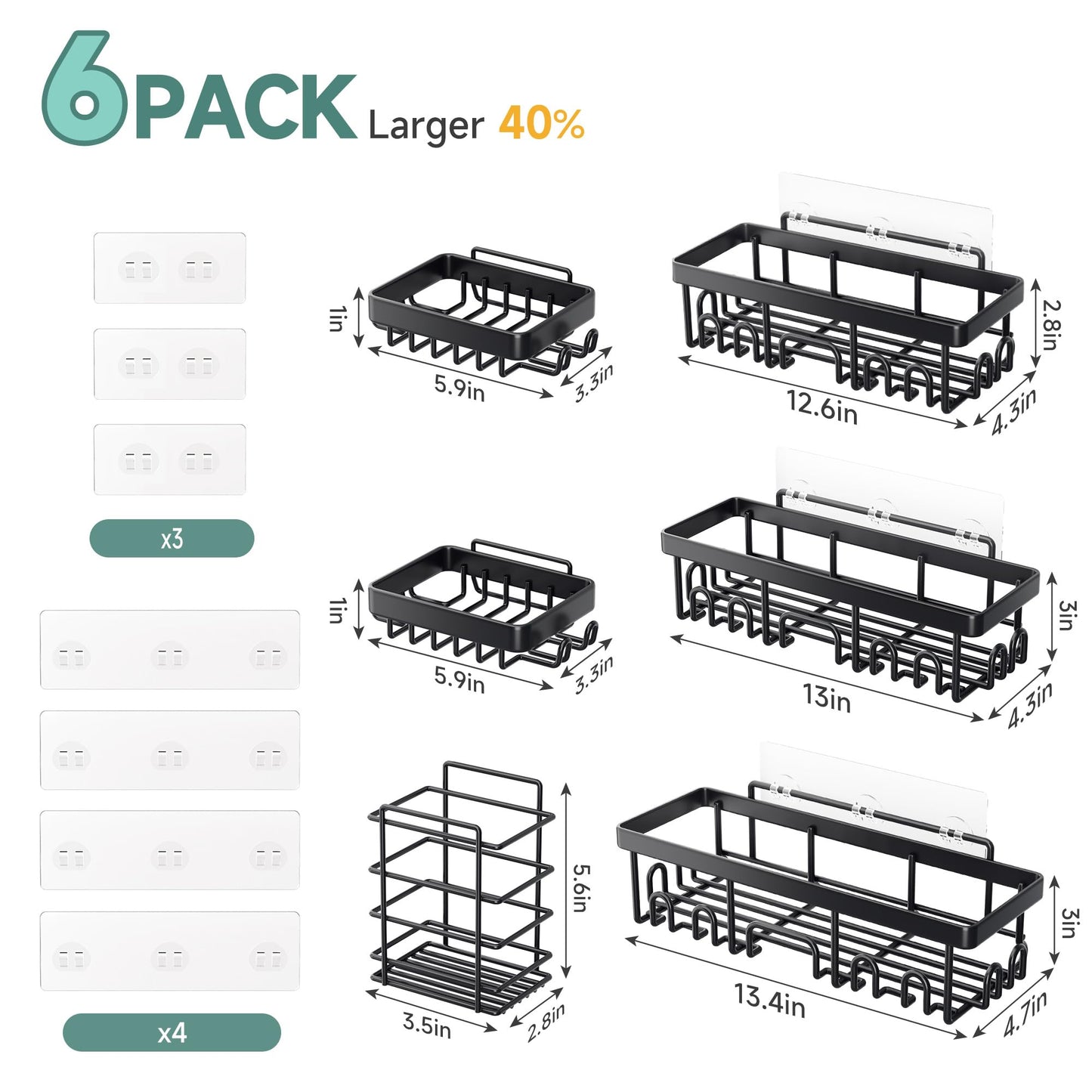 Veken Rustproof & Waterproof Shower Caddy 6-Pack, No Drilling Adhesive Shelves Rack with Soap Holder, Large Capacity Bathroom Organizers and Storage, Wall-Mounted Kitchen & Home Decor