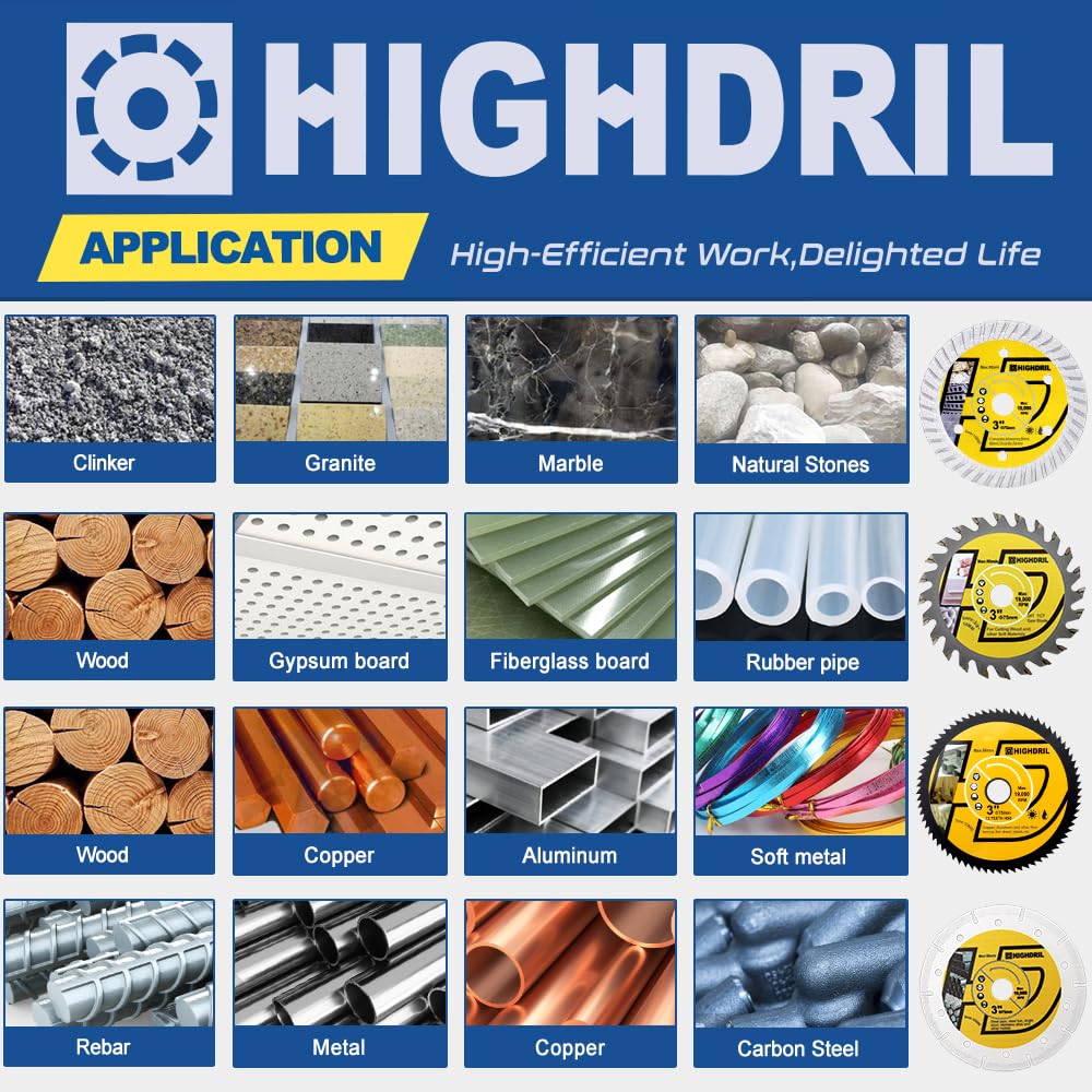 HIGHDRIL 3" 75mm Circular Saw Blade Set 4pcs - Diamond/HSS/TCT Cutting Disc for Angle Grinder Cutting Soft Metal Copper Aluminum Granite Tile Plastic Wood