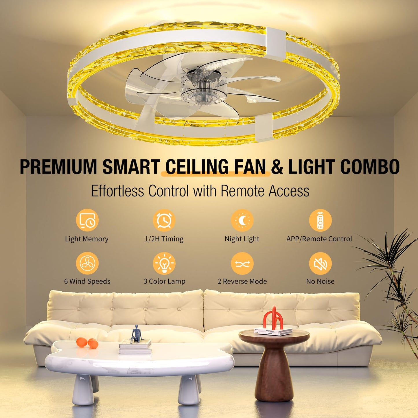 SKRFORM Ceiling Fans with Lights and Remote, 20'' Low Profile Flush Mount Ceiling Fan with 6 Speeds & 3 Color Temperature, 3000-6500K Dimmable Led Fandelier for Bedroom Livingroom, White