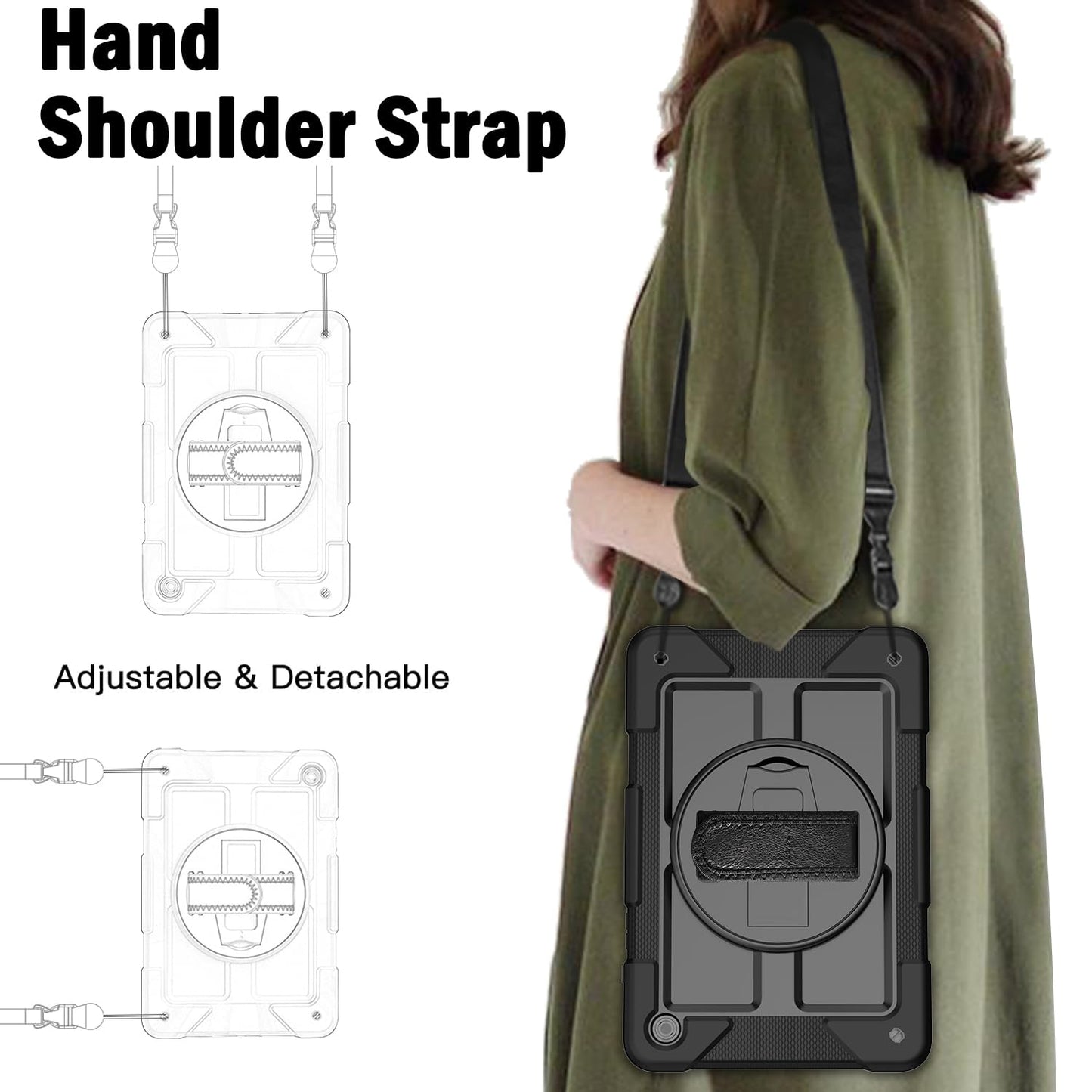 BMOUO for Samsung Galaxy Tab A9+ Plus Case 11" 2023 (SM-X210/X216/X218), Shockproof Galaxy Tab A9 Plus Case with Rotating Stand and Hand/Shoulder Strap, Black