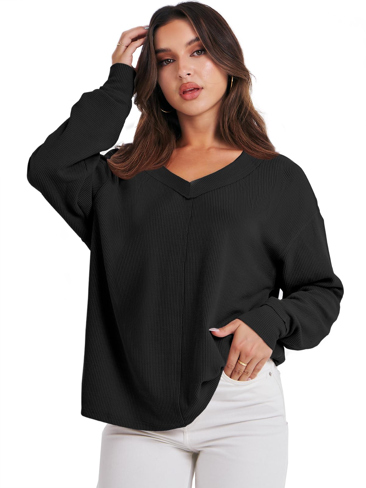 ANRABESS Oversized Long Sleeve Shirts for Women Off the Shoulder Sweatshirt Loose V Neck Tunic Tops High Low Sweater 2025 Black Medium
