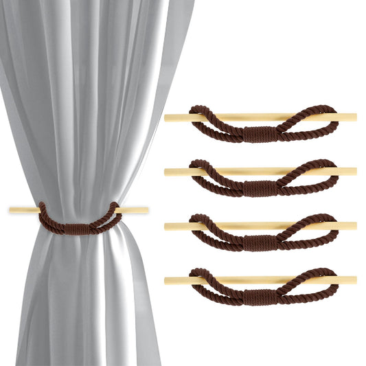 uxcell 4 Pack Curtain Tiebacks, Cotton Rope Curtain Drapes Holdbacks Hand-Woven Decorative Farmhouse Tie Backs with Wood Club for Home Office Decor, Dark Brown