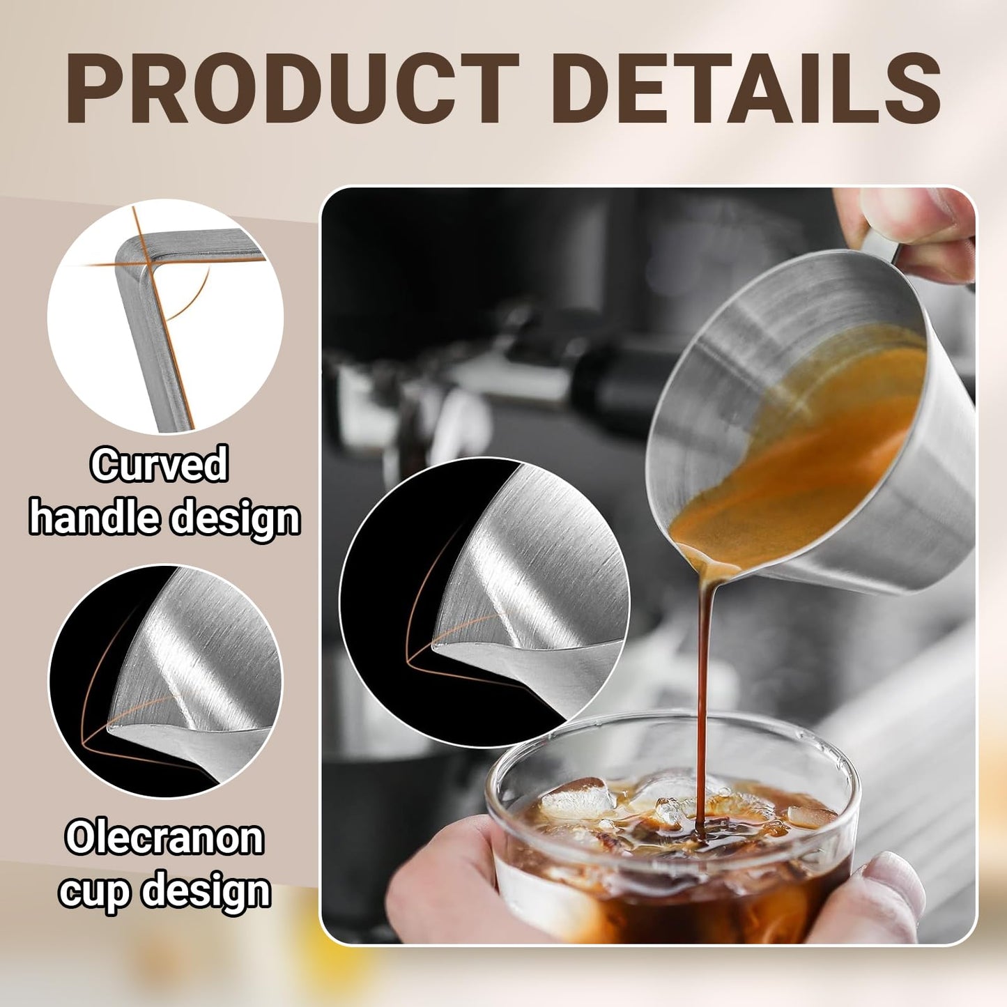Clipore 4 pc Stainless Steel Espresso Cups with Handle Dual Spout Measuring Cup for Coffee or Sauce Use, Send Goods from Local Warehouse