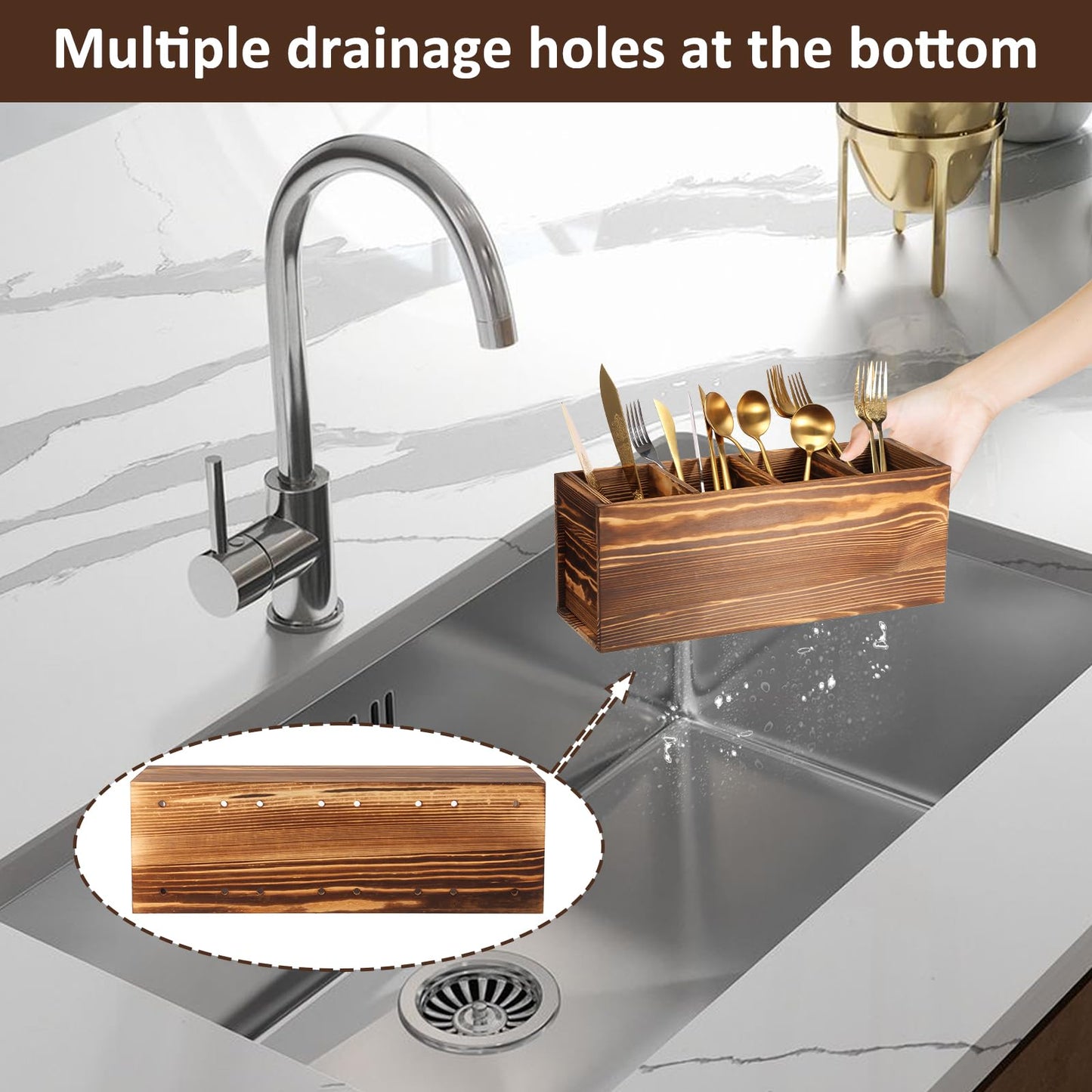 Tcwhniev Utensil Holder 4 Compartments, Wood Silverware Caddy with Removable Divider Reusable Utensil Caddy for Home Kitchen Countertop Party